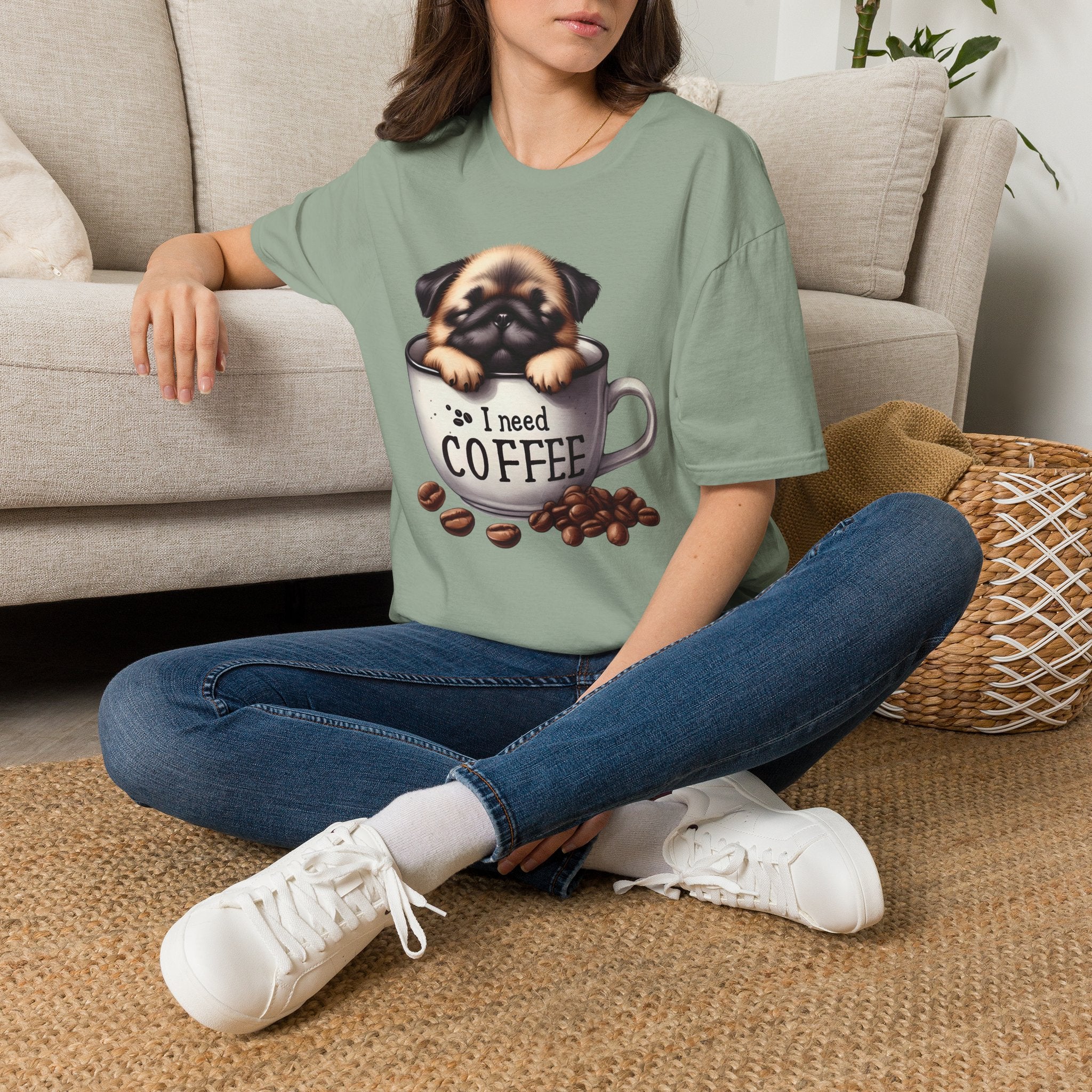 Puppy in Coffee Cup I Need Coffee T-Shirt | Cute Pug Coffee Tee