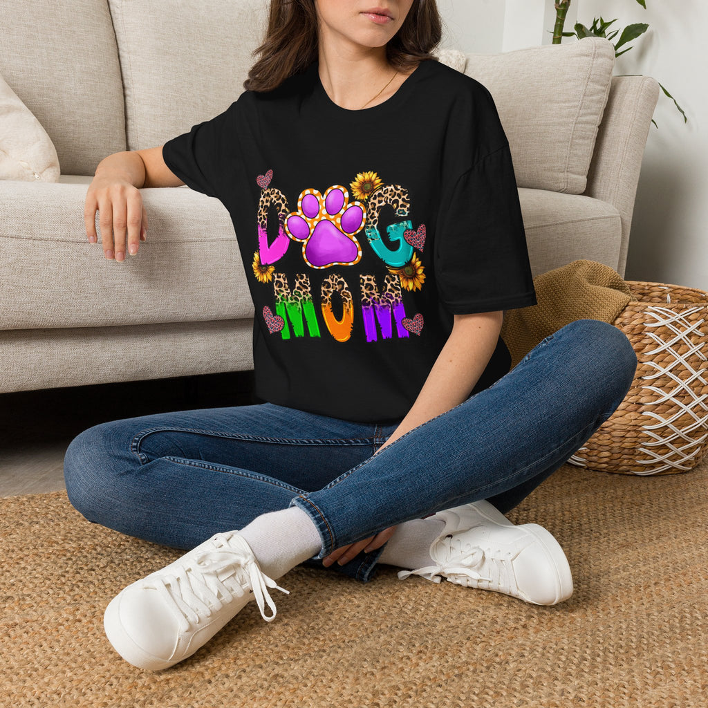 Dog Mom colorful paw print design T-Shirt | leopard hearts sunflower accents