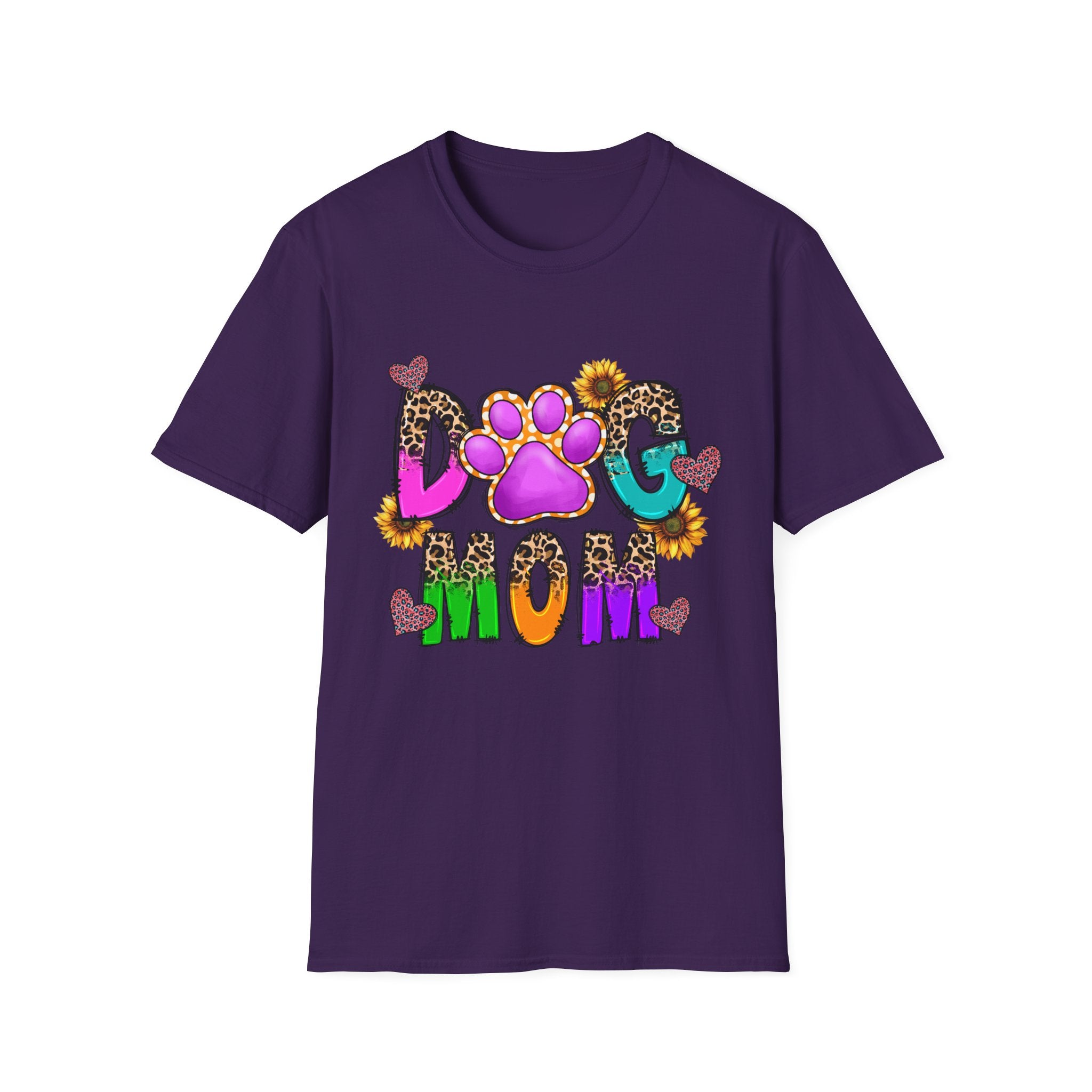 Dog Mom colorful paw print design T-Shirt | leopard hearts sunflower accents