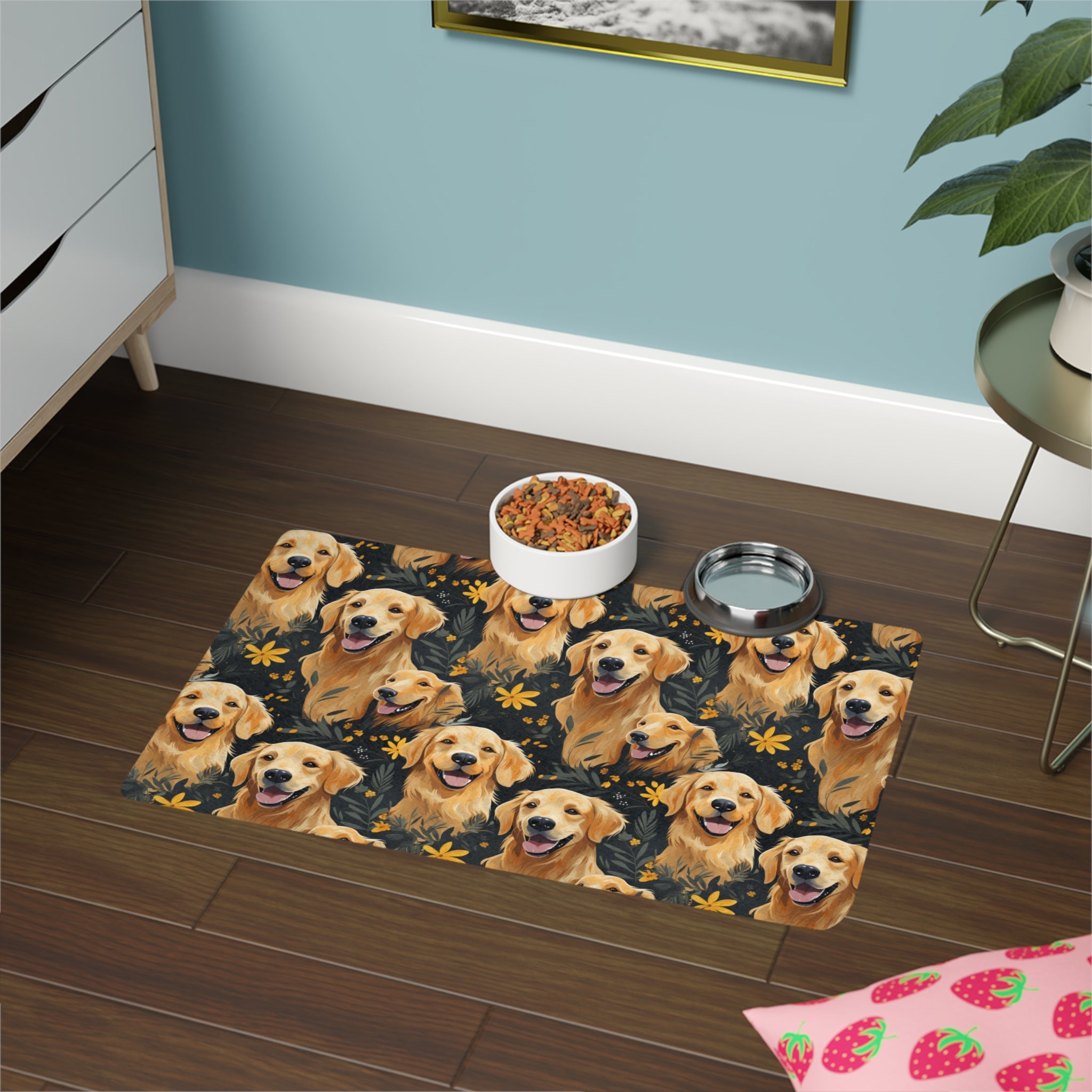 Golden Retriever Pattern Pet Food Mat | Dog Bowl Placemat, Waterproof 12x18