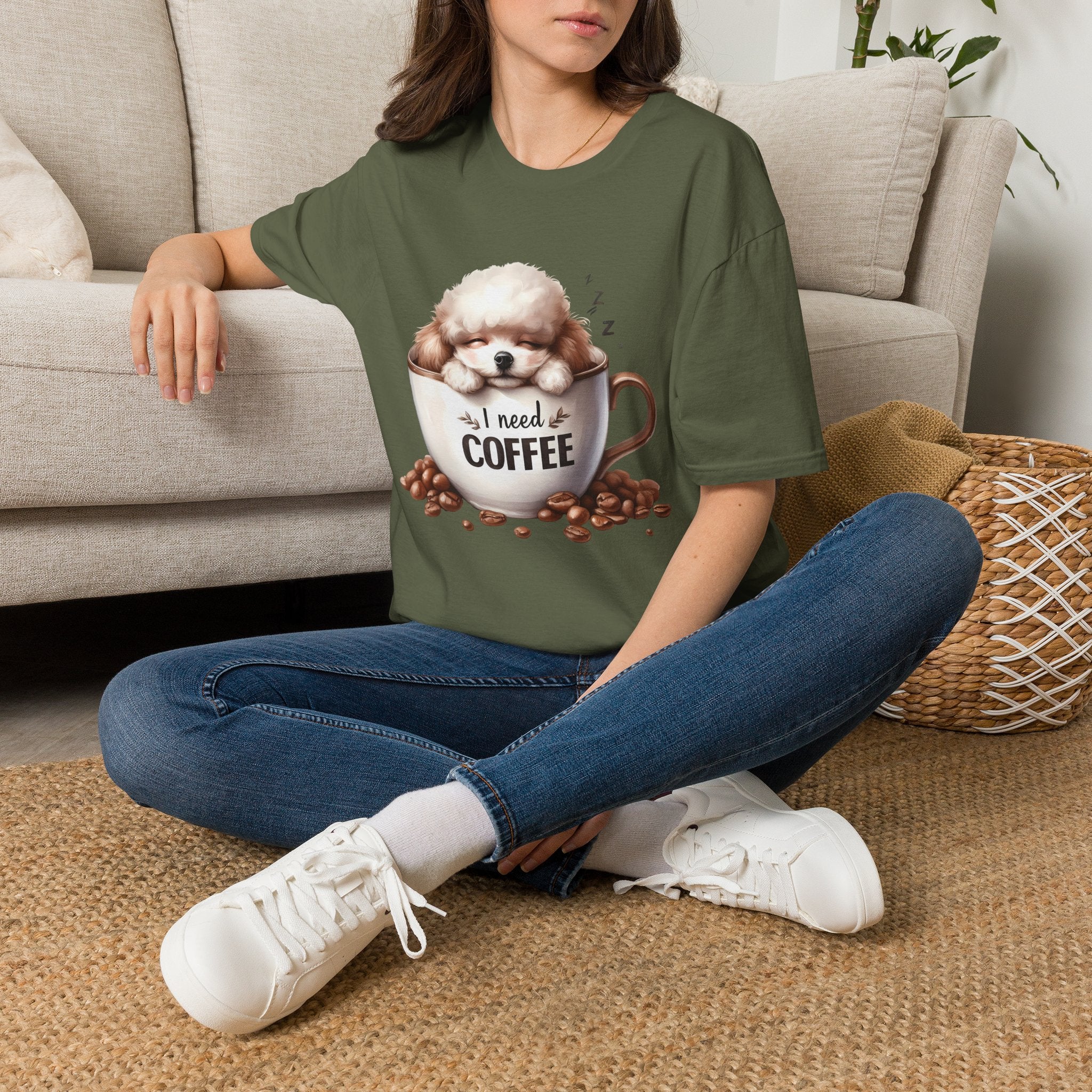 Sleeping Puppy in Coffee Cup T-Shirt | I Need Coffee Dog Design