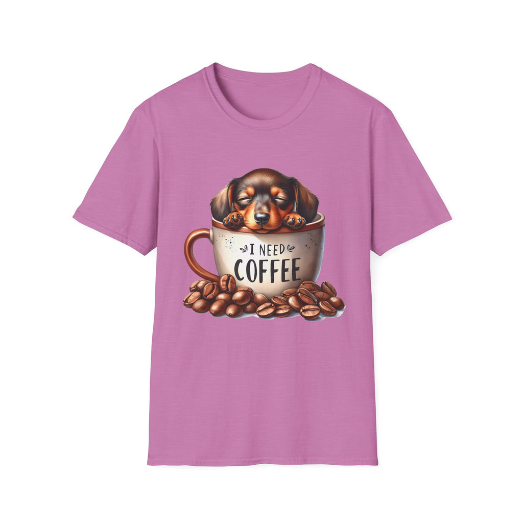 Sleepy Dachshund in Coffee Cup T-Shirt | I Need Coffee, Coffee Beans