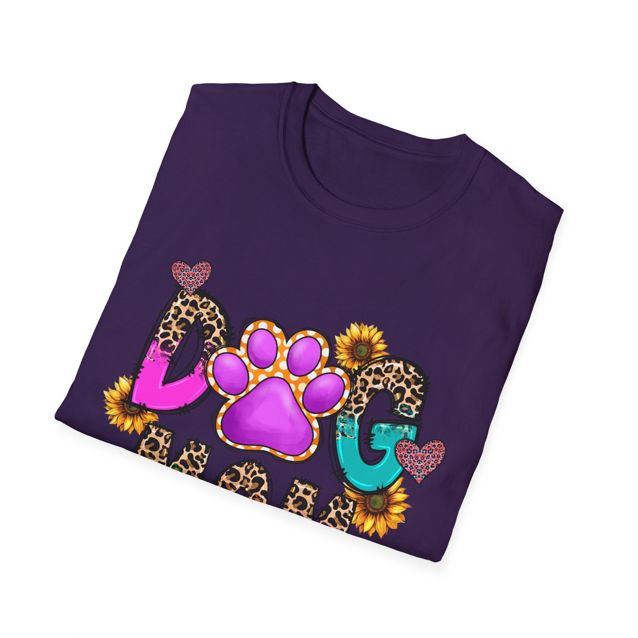 Dog Mom colorful paw print design T-Shirt | leopard hearts sunflower accents