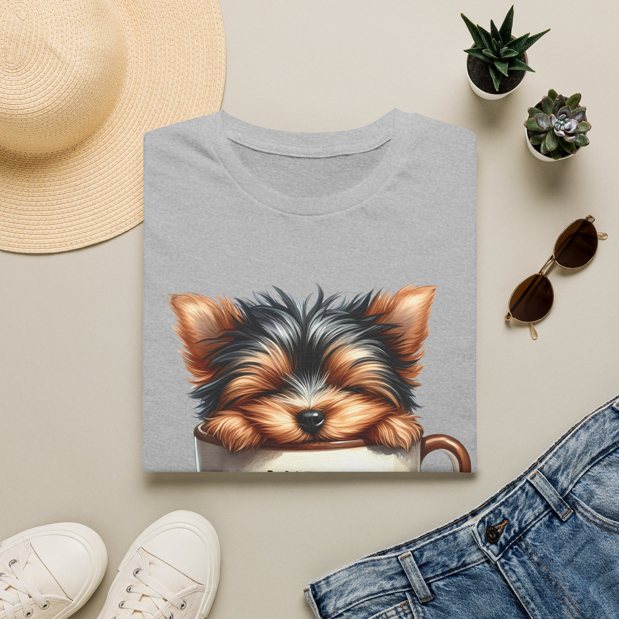 Cute Yorkie in Coffee Cup T-Shirt | I Need Coffee Puppy Graphic Tee