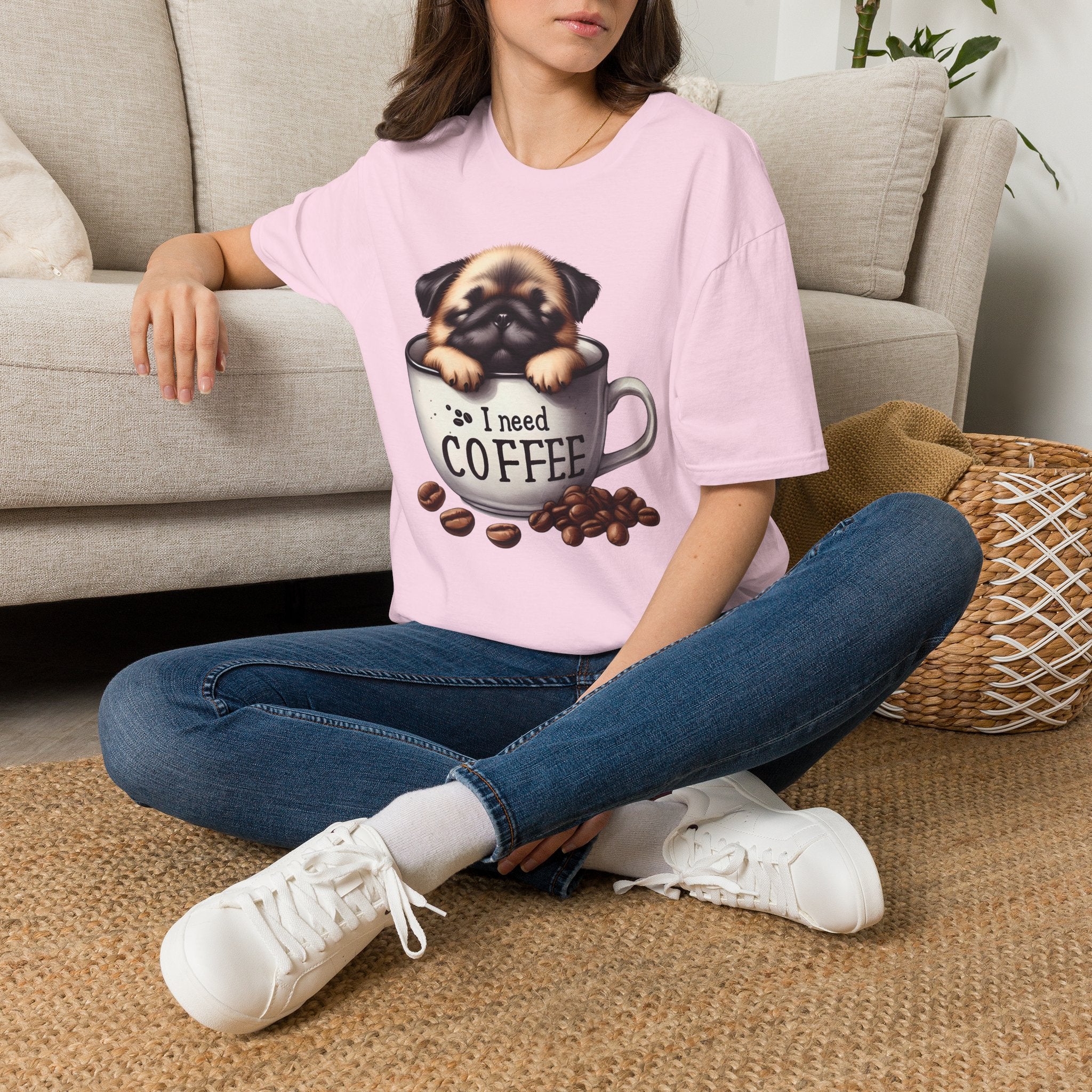 Puppy in Coffee Cup I Need Coffee T-Shirt | Cute Pug Coffee Tee