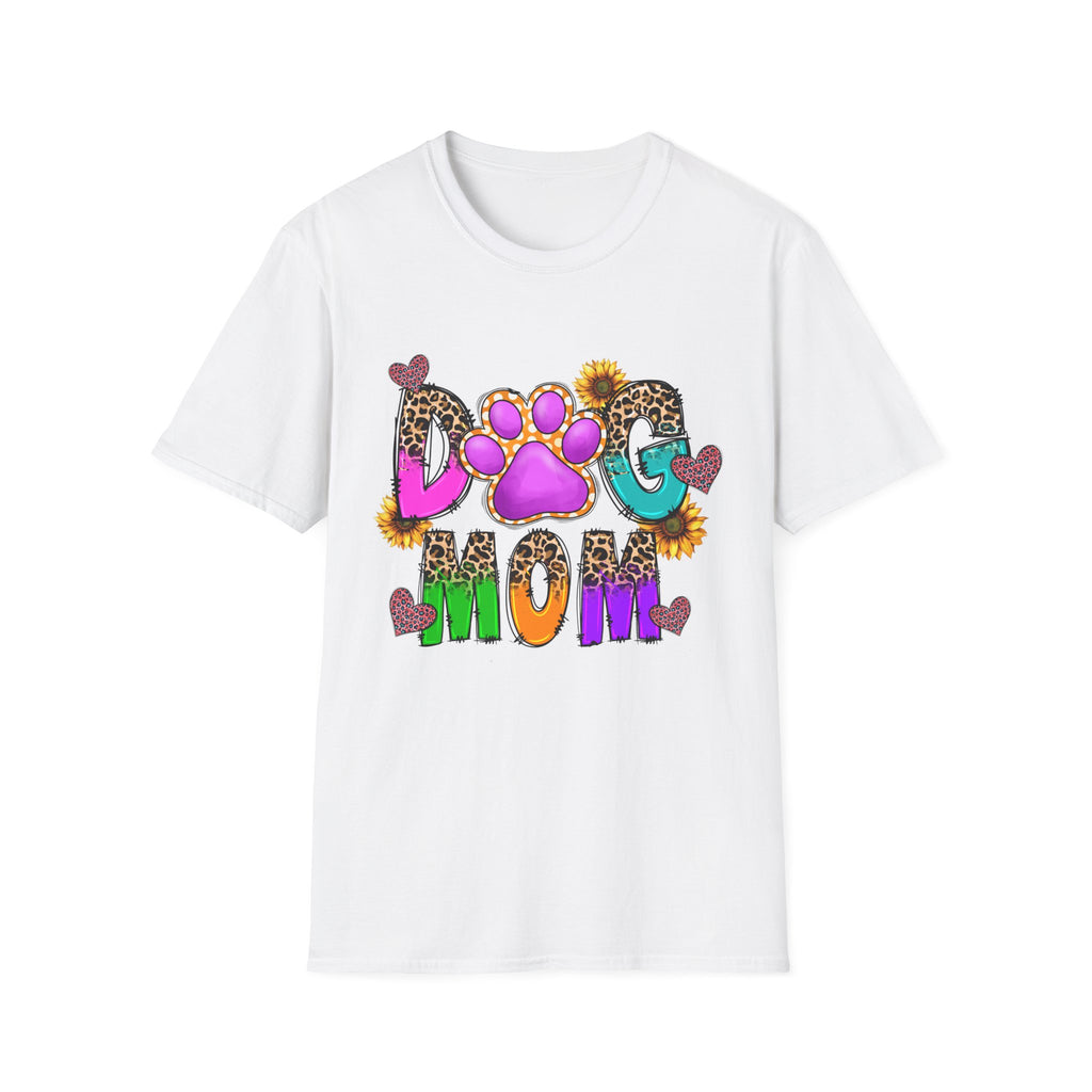 Dog Mom colorful paw print design T-Shirt | leopard hearts sunflower accents