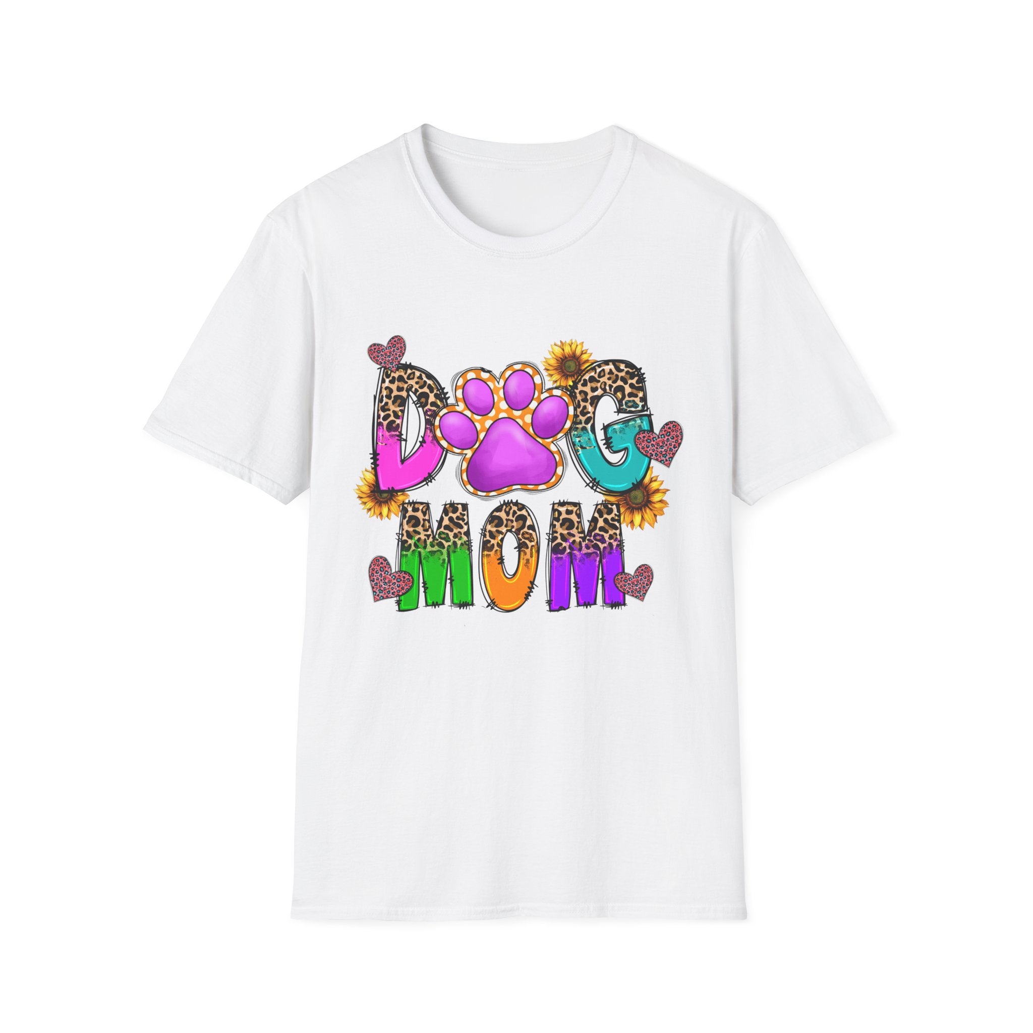 Dog Mom colorful paw print design T-Shirt | leopard hearts sunflower accents