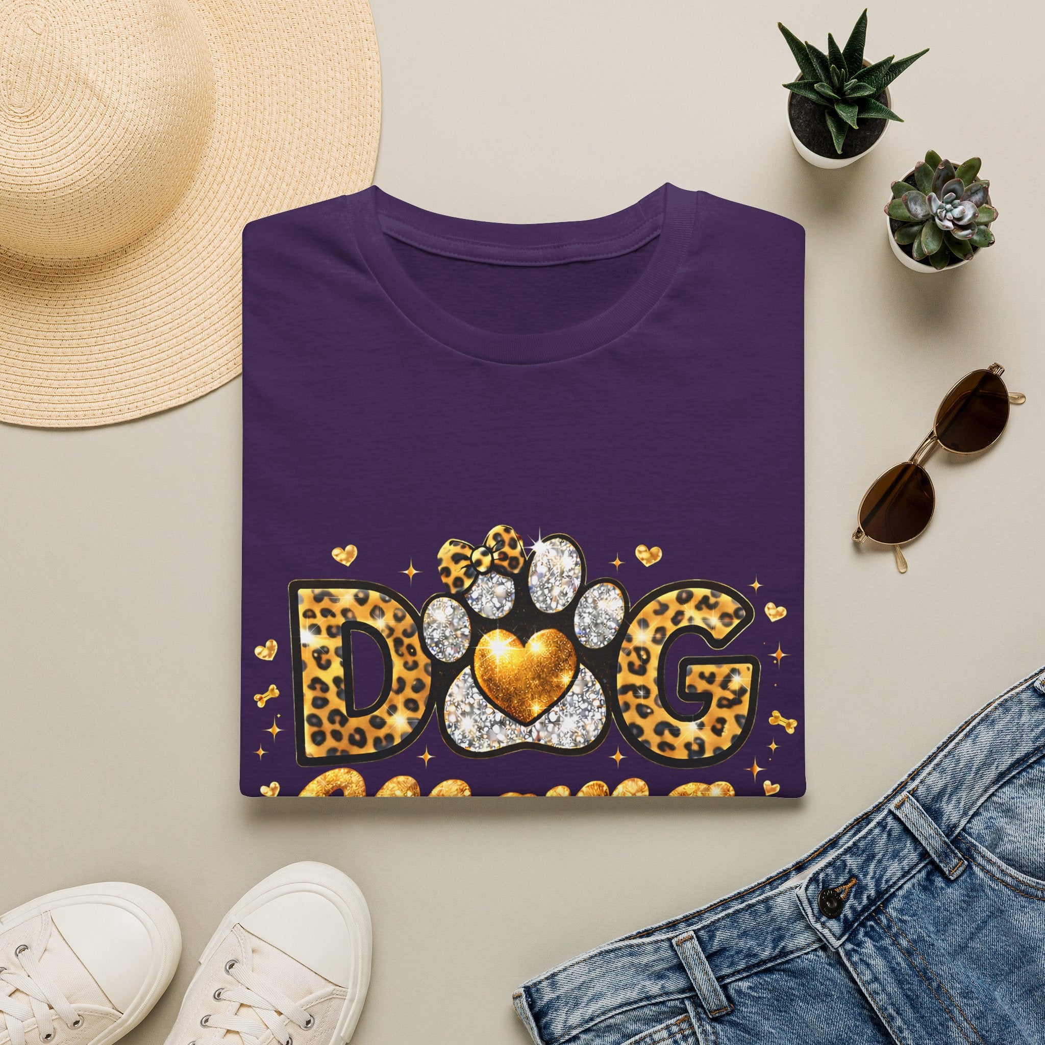Dog Mama T-Shirt | Leopard Heart Paw Print, Gold Glitter Script