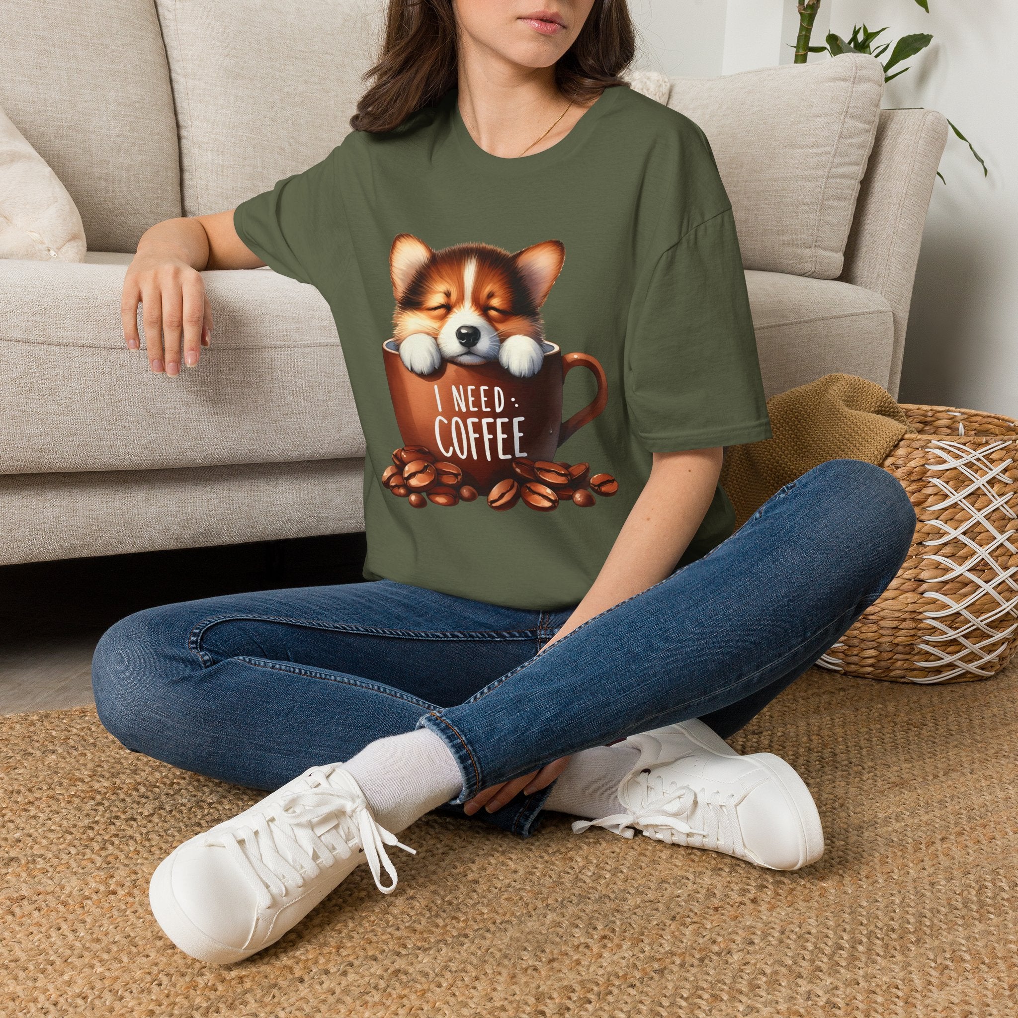 Sleeping Puppy in Coffee Cup T-Shirt | I Need Coffee, Cute Corgi Mug