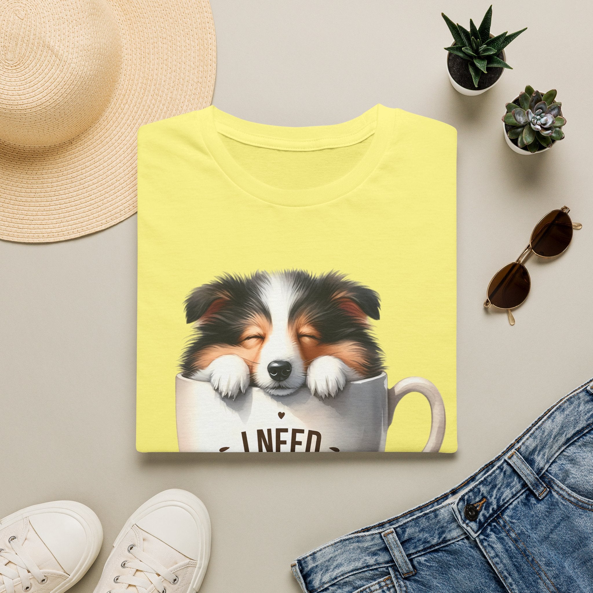 I Need Coffee Dog T-Shirt | Coffee Cup, Shetland Sheepdog Illustration
