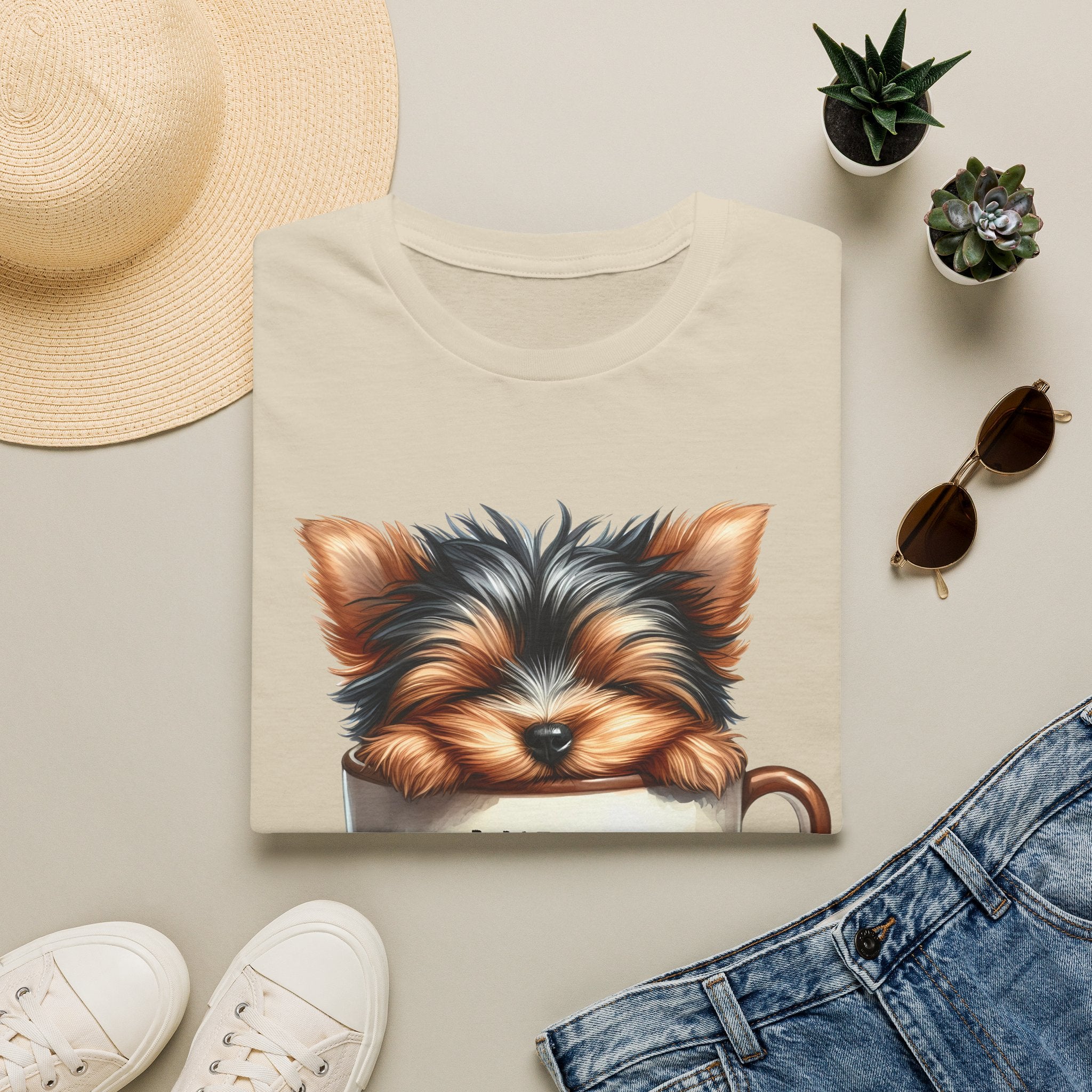 Cute Yorkie in Coffee Cup T-Shirt | I Need Coffee Puppy Graphic Tee