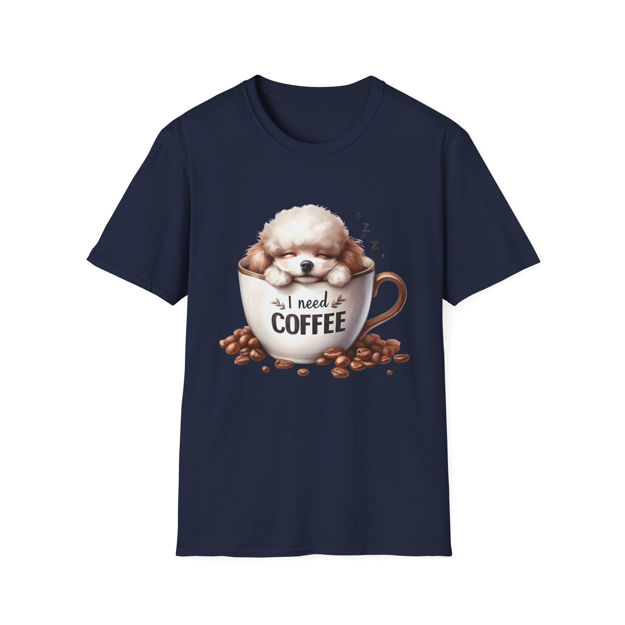 Sleeping Puppy in Coffee Cup T-Shirt | I Need Coffee Dog Design
