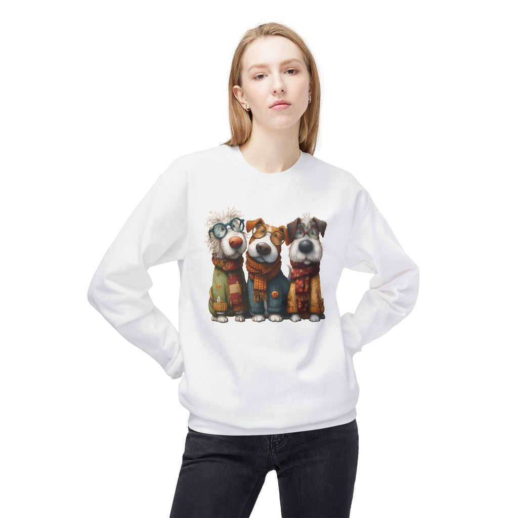 Three Cartoon Dogs in Scarves Sweatshirt | Cute Winter Pup Trio