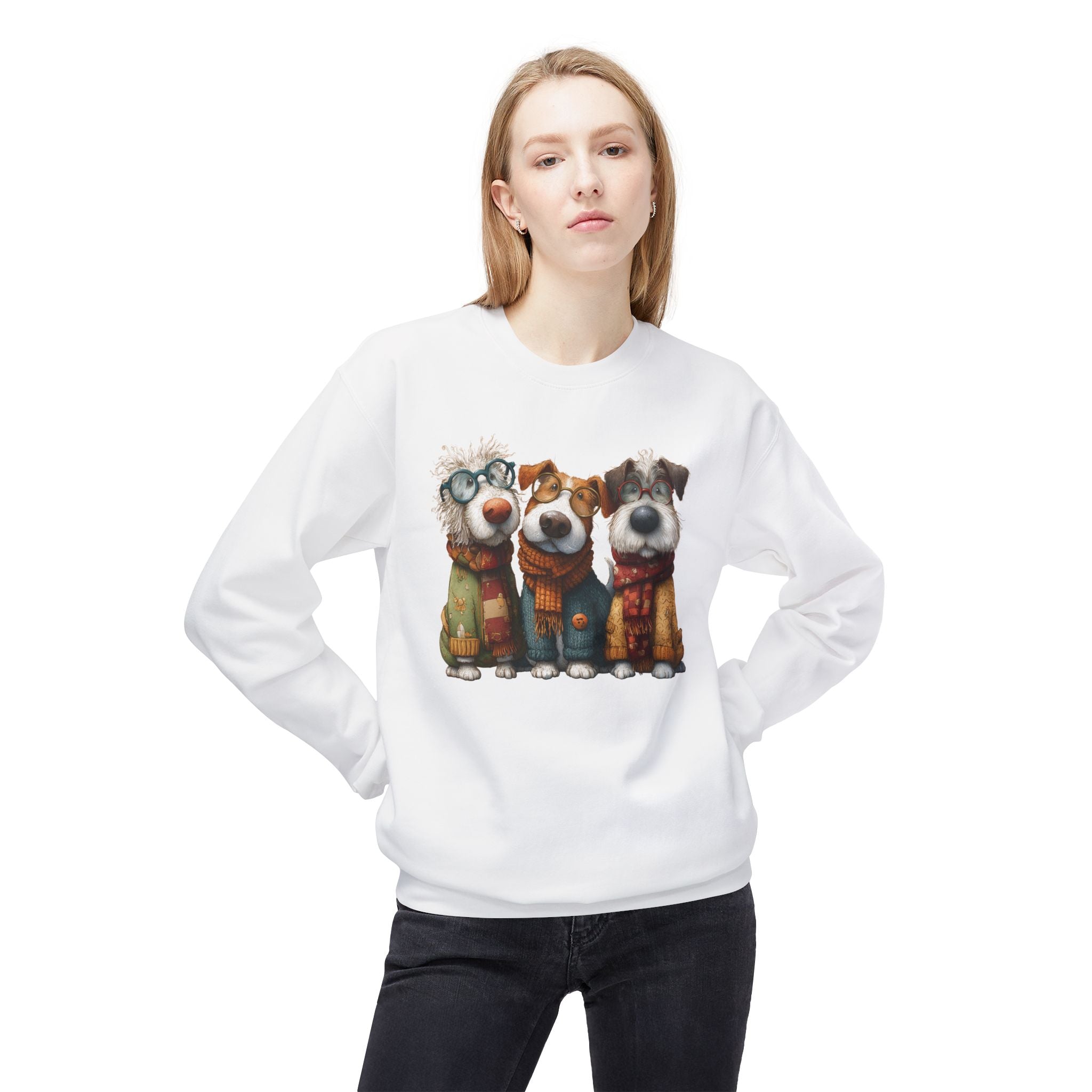 Three Cartoon Dogs in Scarves Sweatshirt | Cute Winter Pup Trio