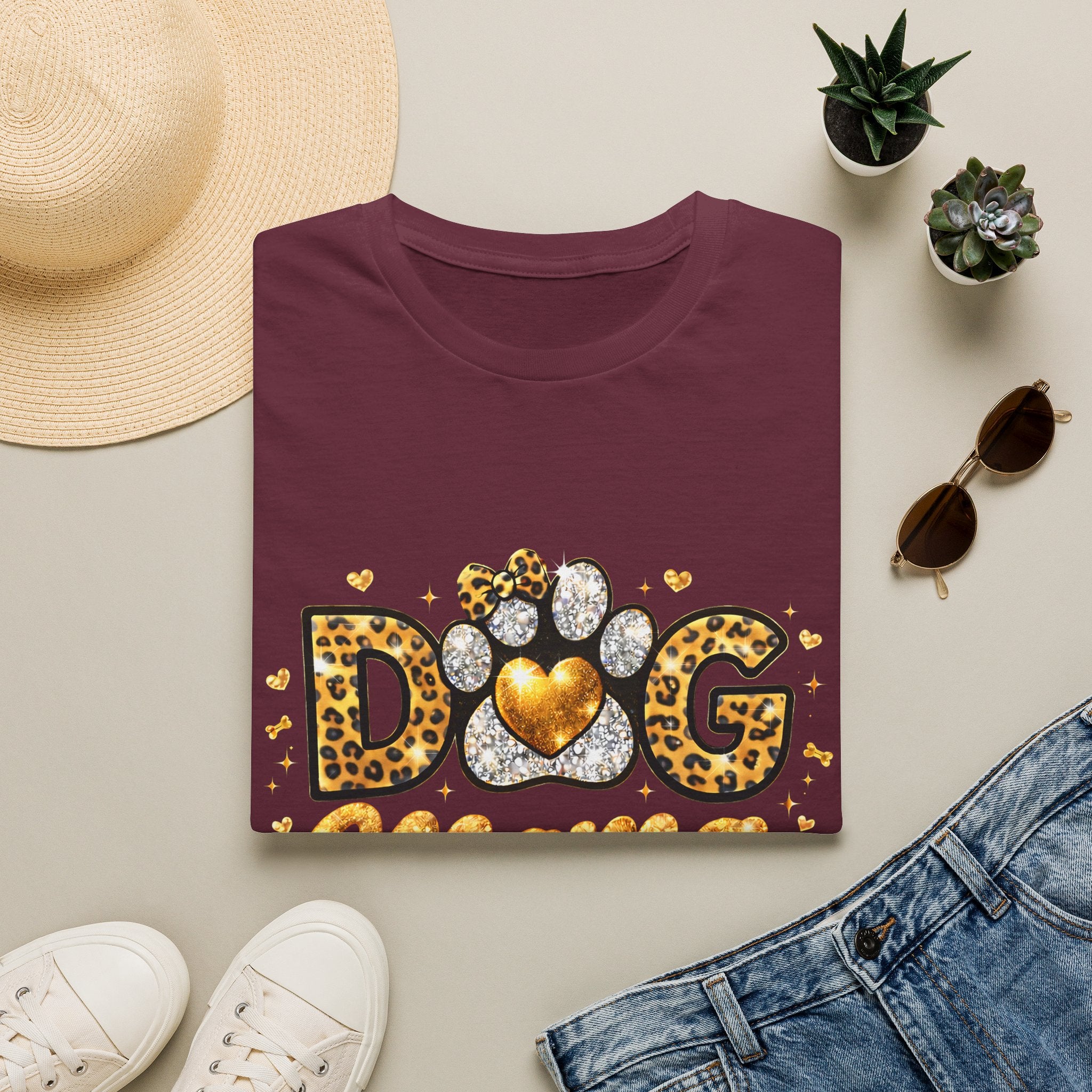 Dog Mama T-Shirt | Leopard Heart Paw Print, Gold Glitter Script