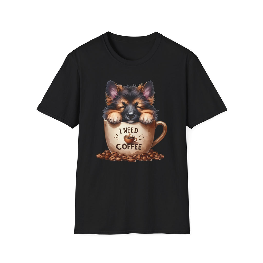 German Shepherd Puppy I Need Coffee T-Shirt | Cute Dog Coffee Design