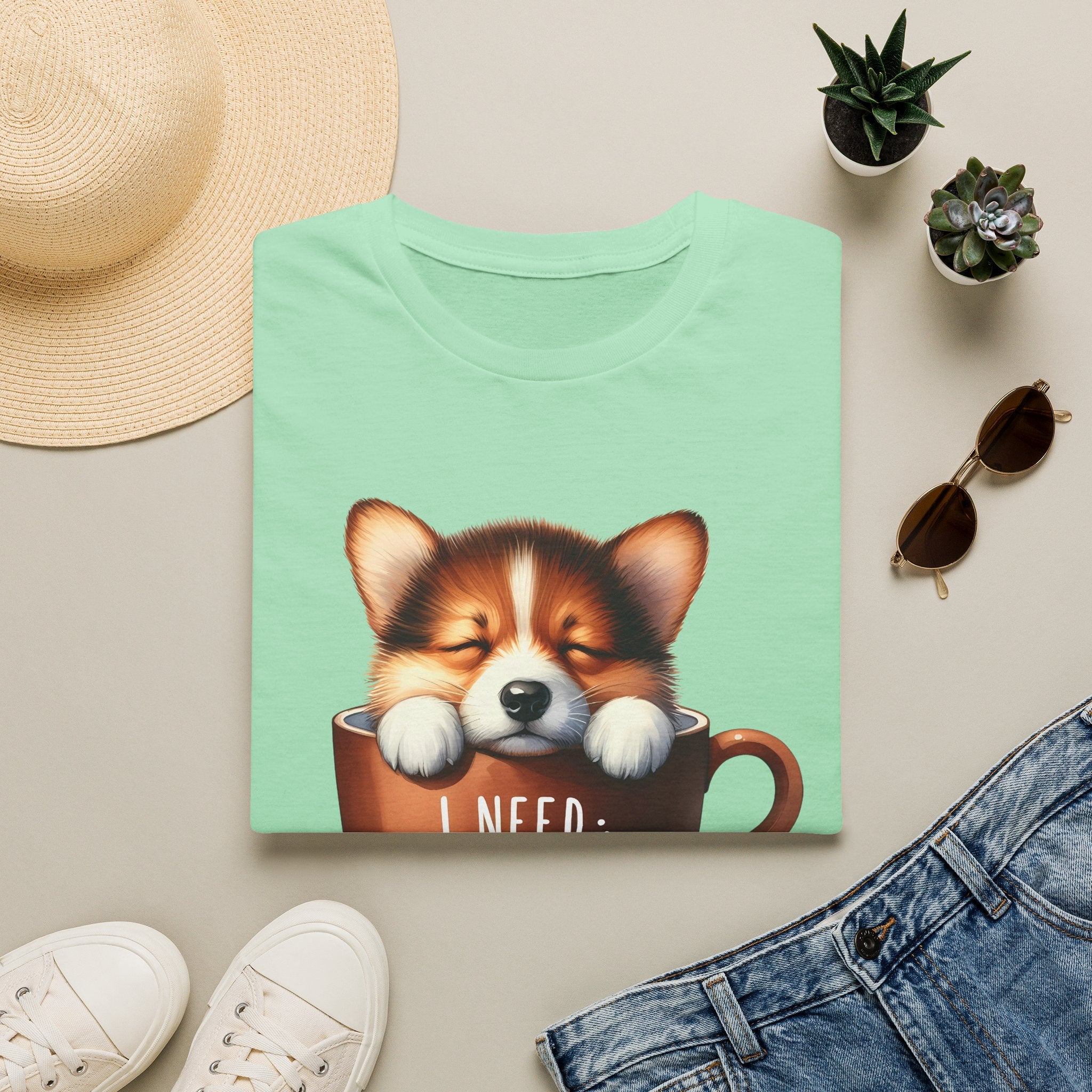 Sleeping Puppy in Coffee Cup T-Shirt | I Need Coffee, Cute Corgi Mug
