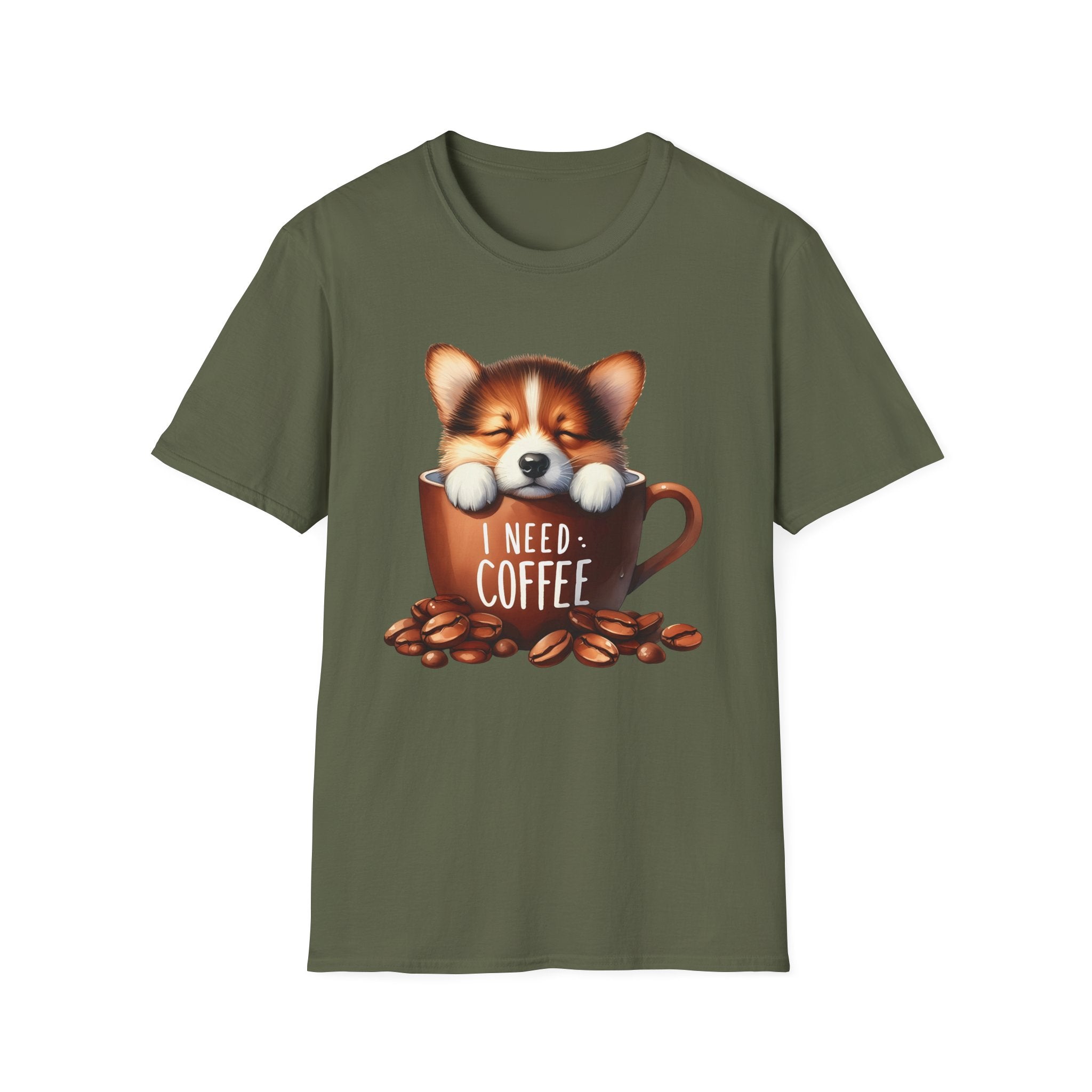 Sleeping Puppy in Coffee Cup T-Shirt | I Need Coffee, Cute Corgi Mug