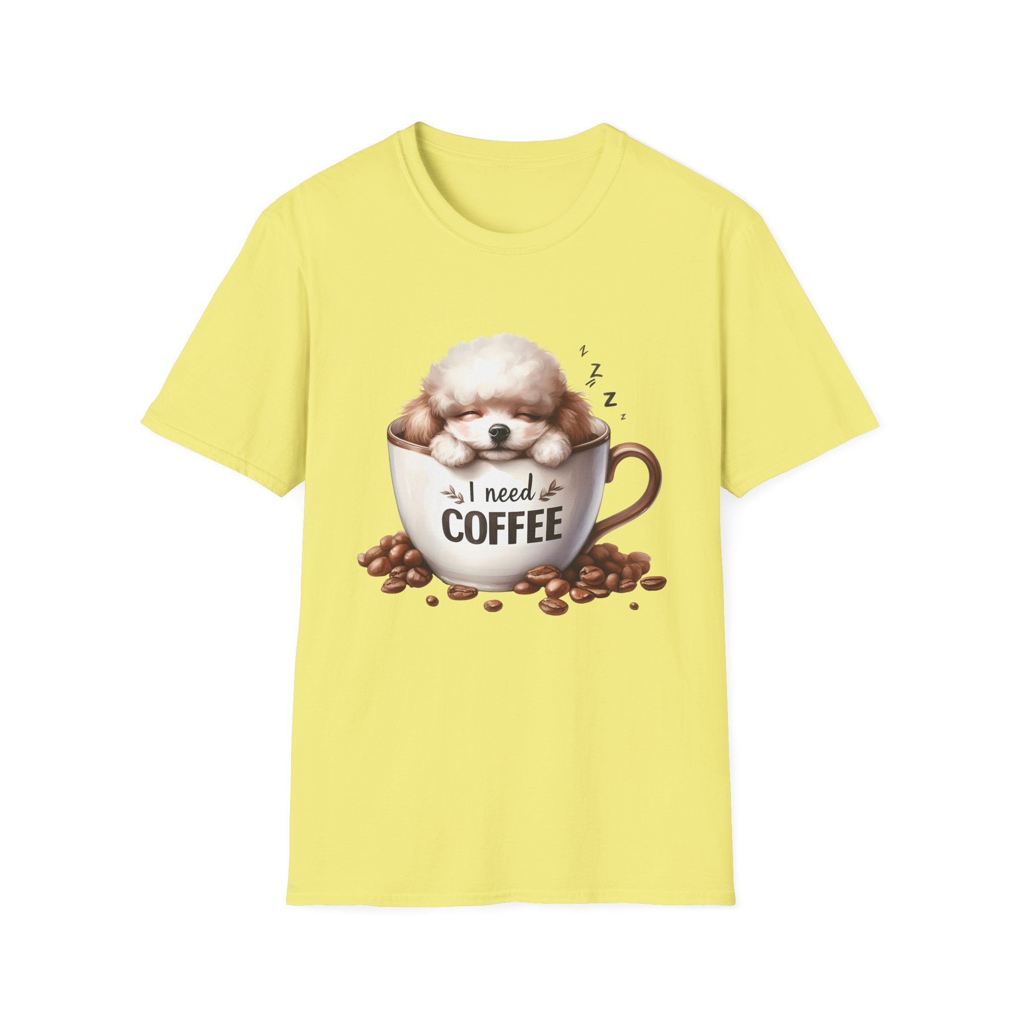 Sleeping Puppy in Coffee Cup T-Shirt | I Need Coffee Dog Design