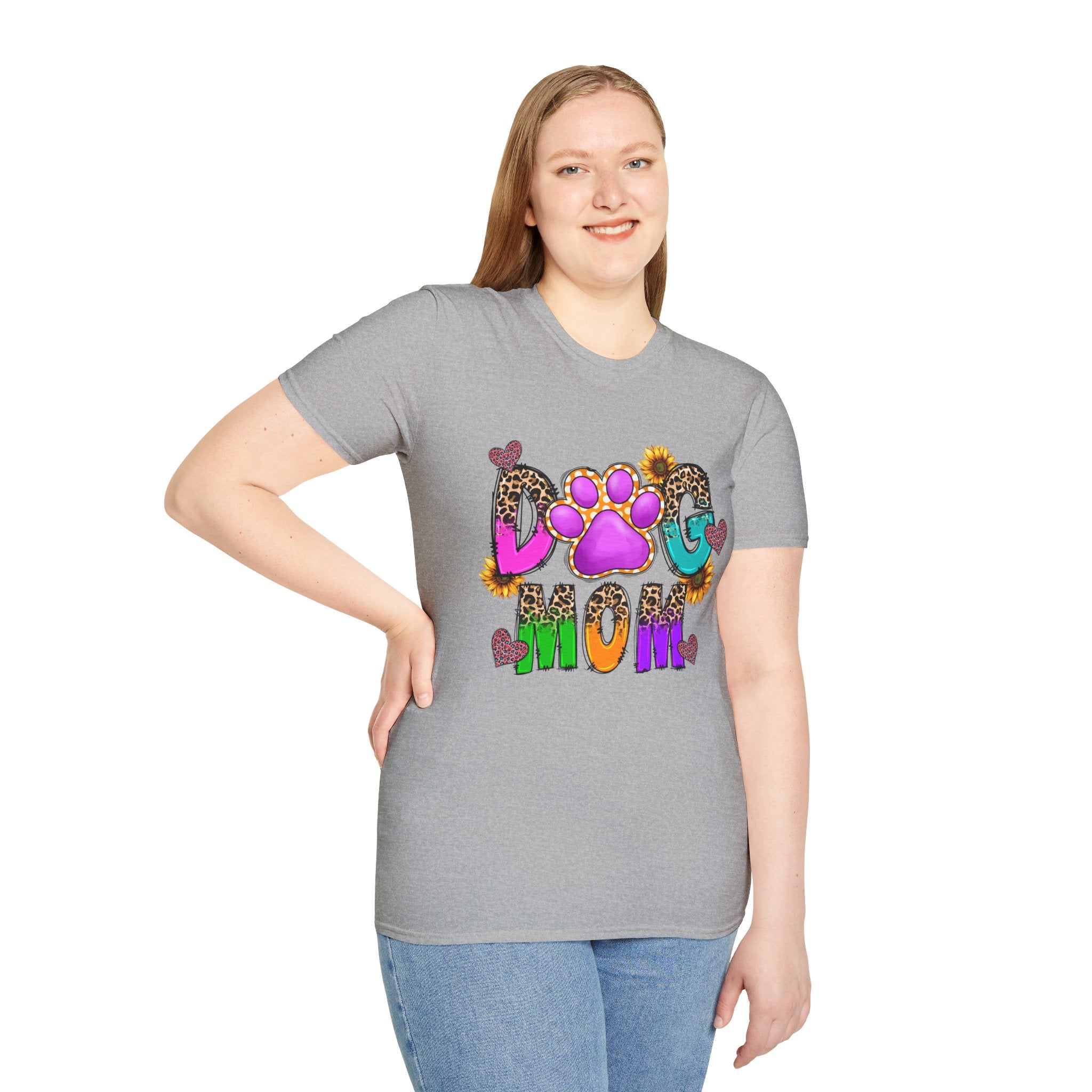 Dog Mom colorful paw print design T-Shirt | leopard hearts sunflower accents