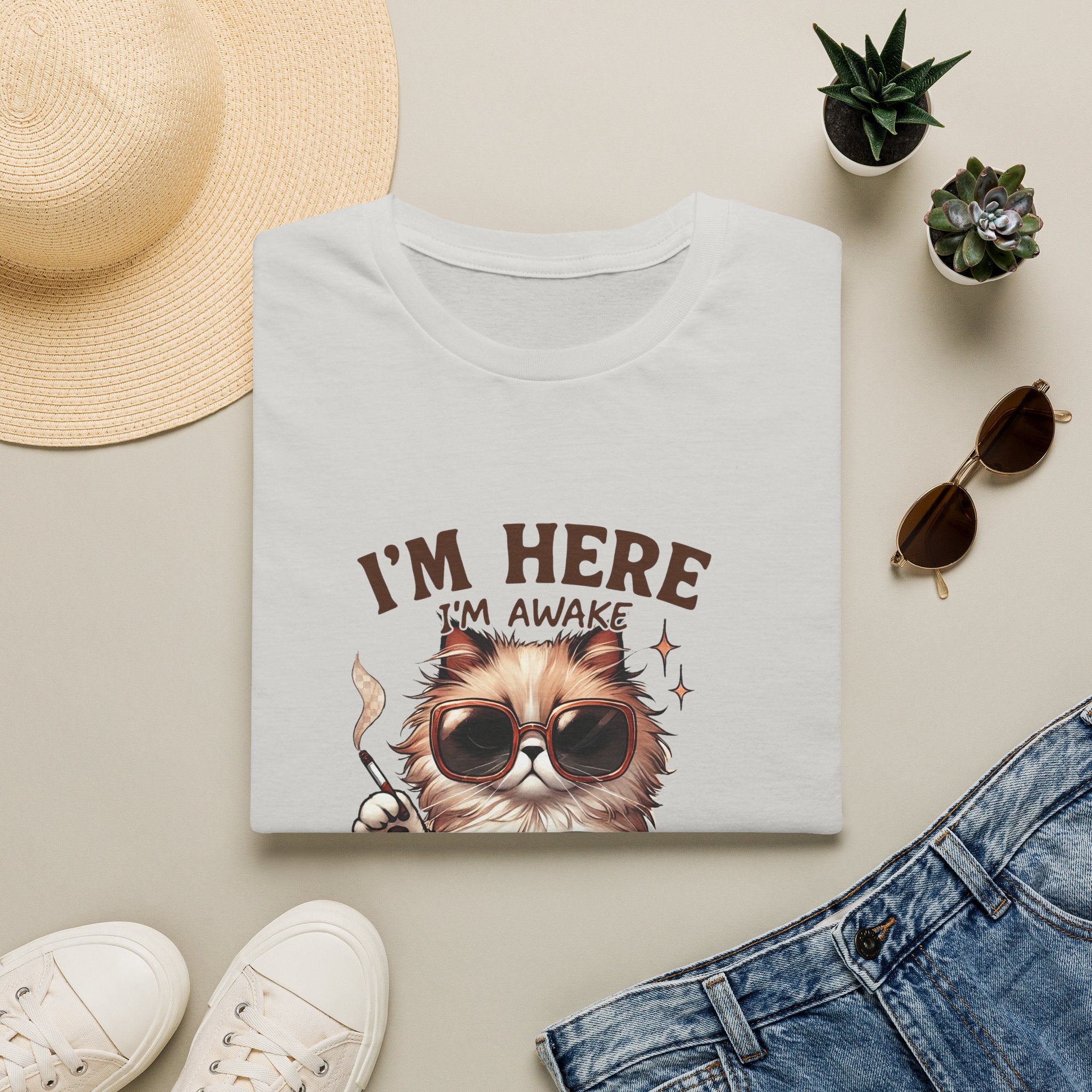 Sunglasses Cat with Coffee I'm Here I'm Awake Don't Push It T-Shirt | Funny Cat Tee