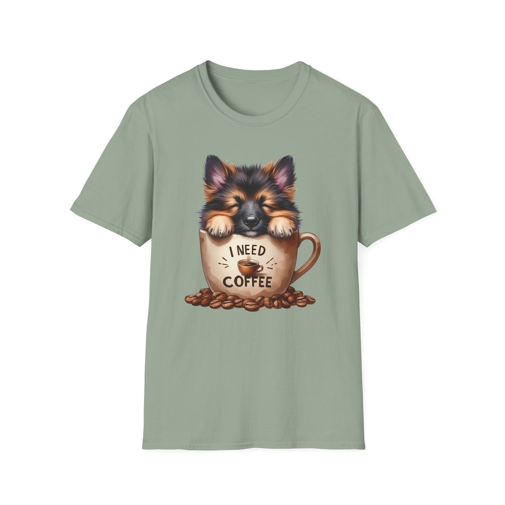 German Shepherd Puppy I Need Coffee T-Shirt | Cute Dog Coffee Design