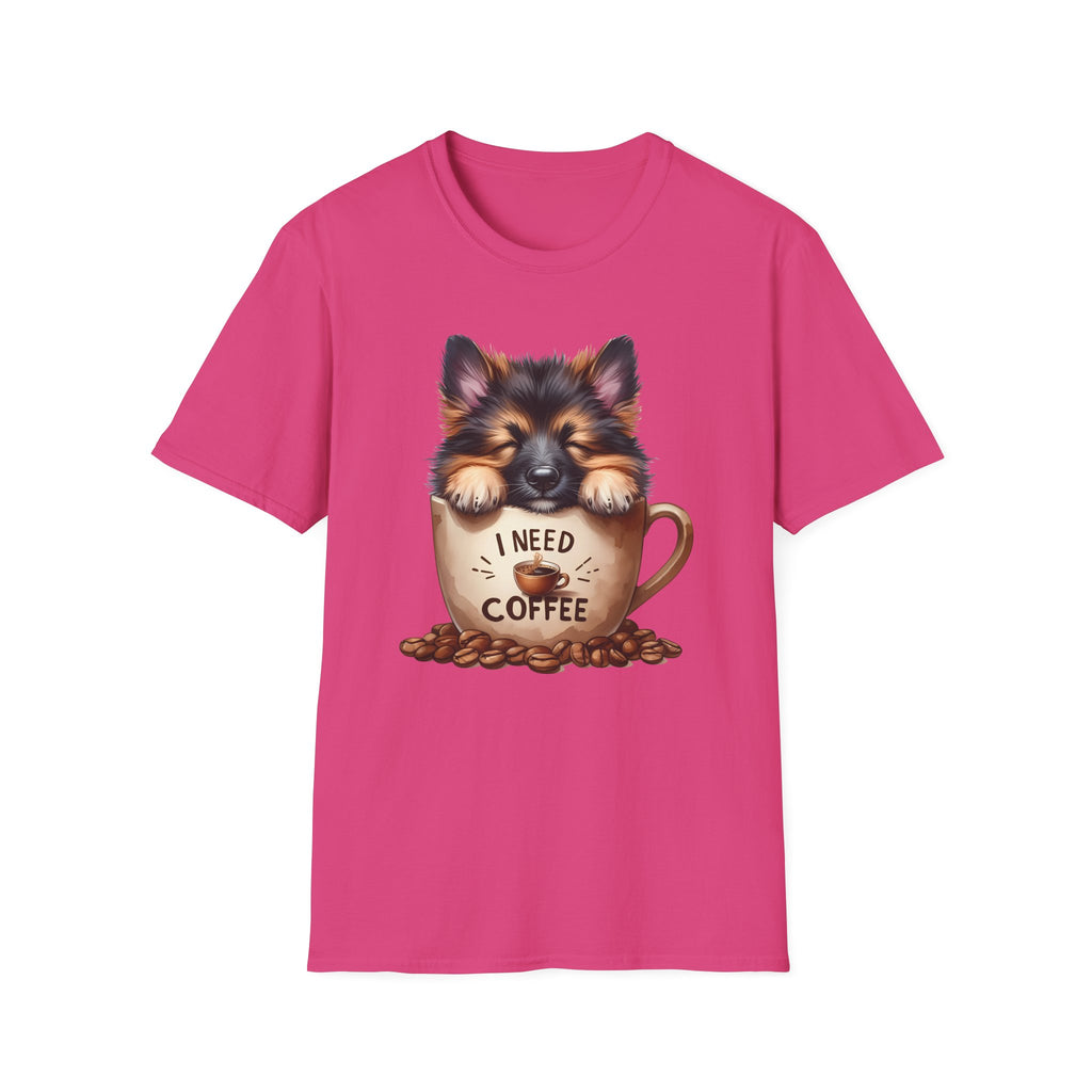 German Shepherd Puppy I Need Coffee T-Shirt | Cute Dog Coffee Design