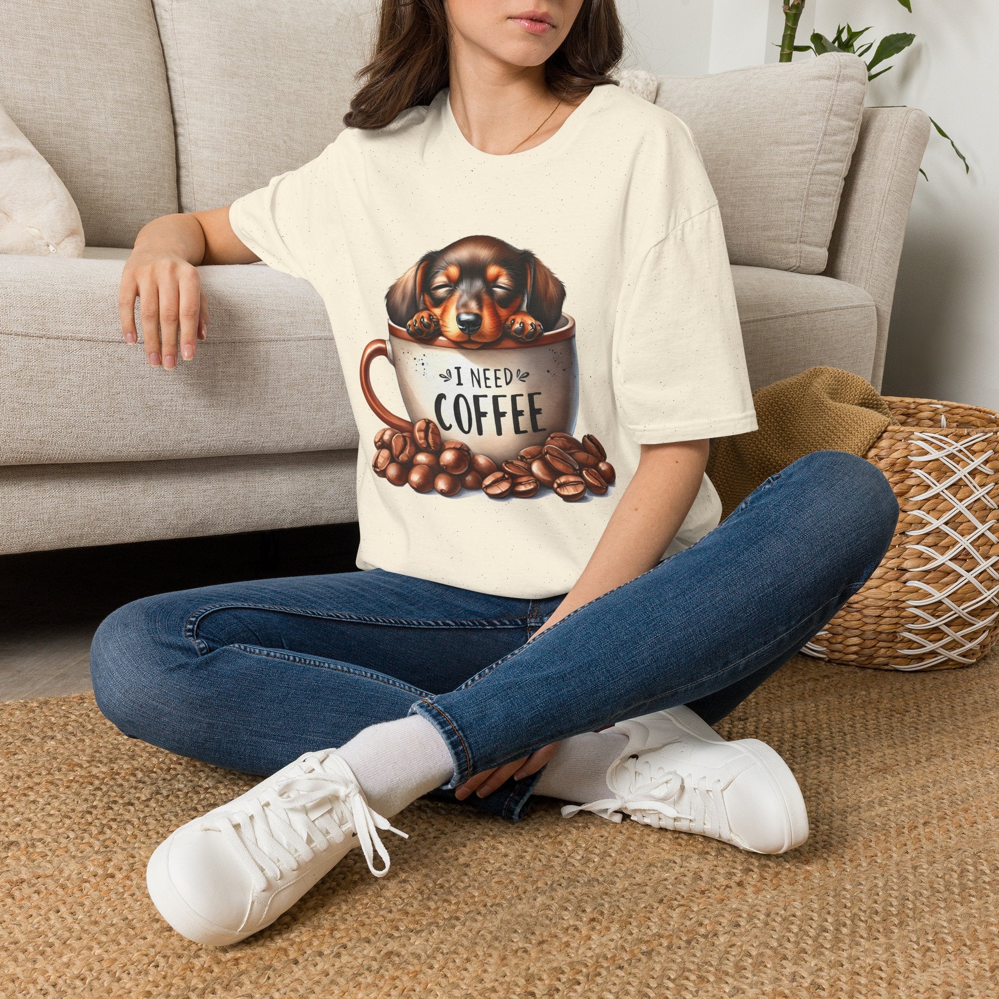Sleepy Dachshund in Coffee Cup T-Shirt | I Need Coffee, Coffee Beans
