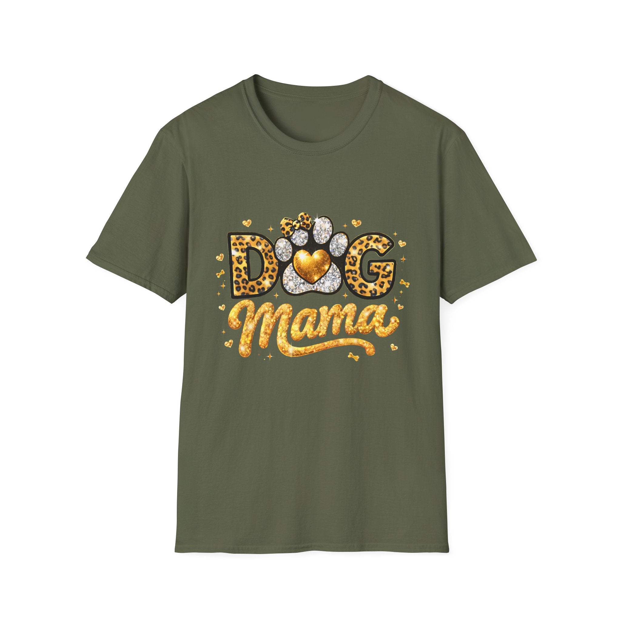 Dog Mama T-Shirt | Leopard Heart Paw Print, Gold Glitter Script