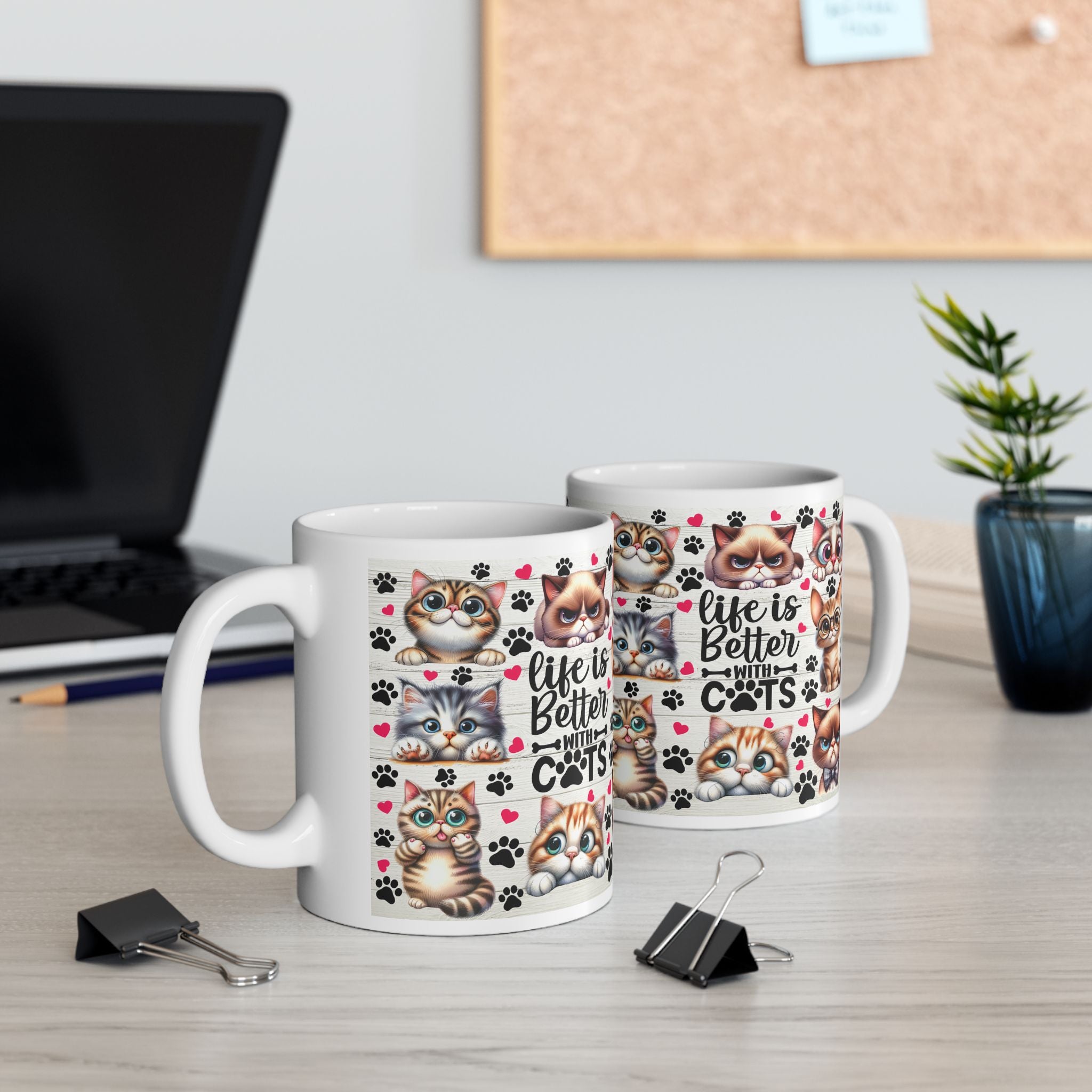 Cute Cartoon Cats Mug | Cute Cat Faces, Paw Prints Pattern Ceramic Mug