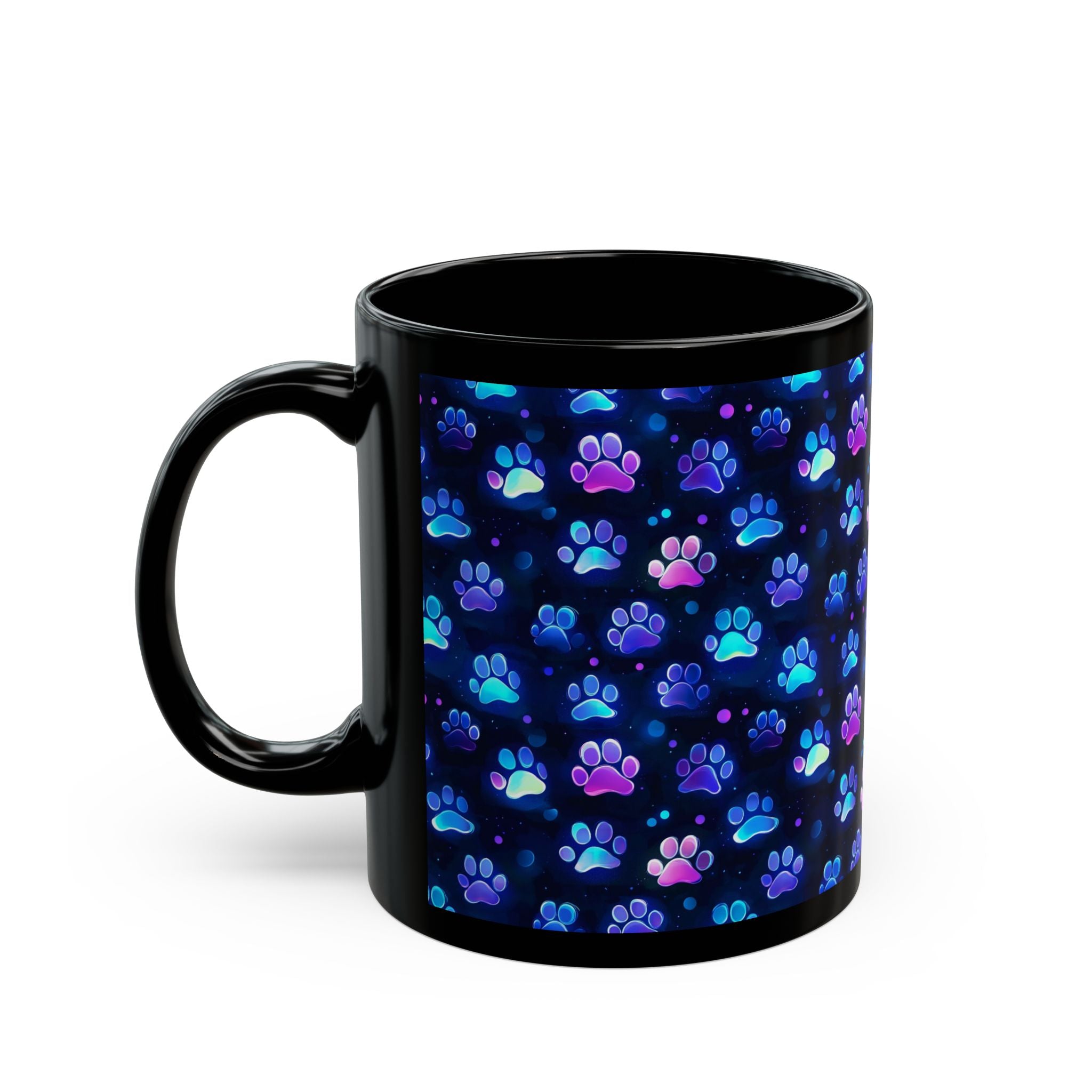 Neon Paw Print Pattern Mug | Black Ceramic 11oz or 15oz