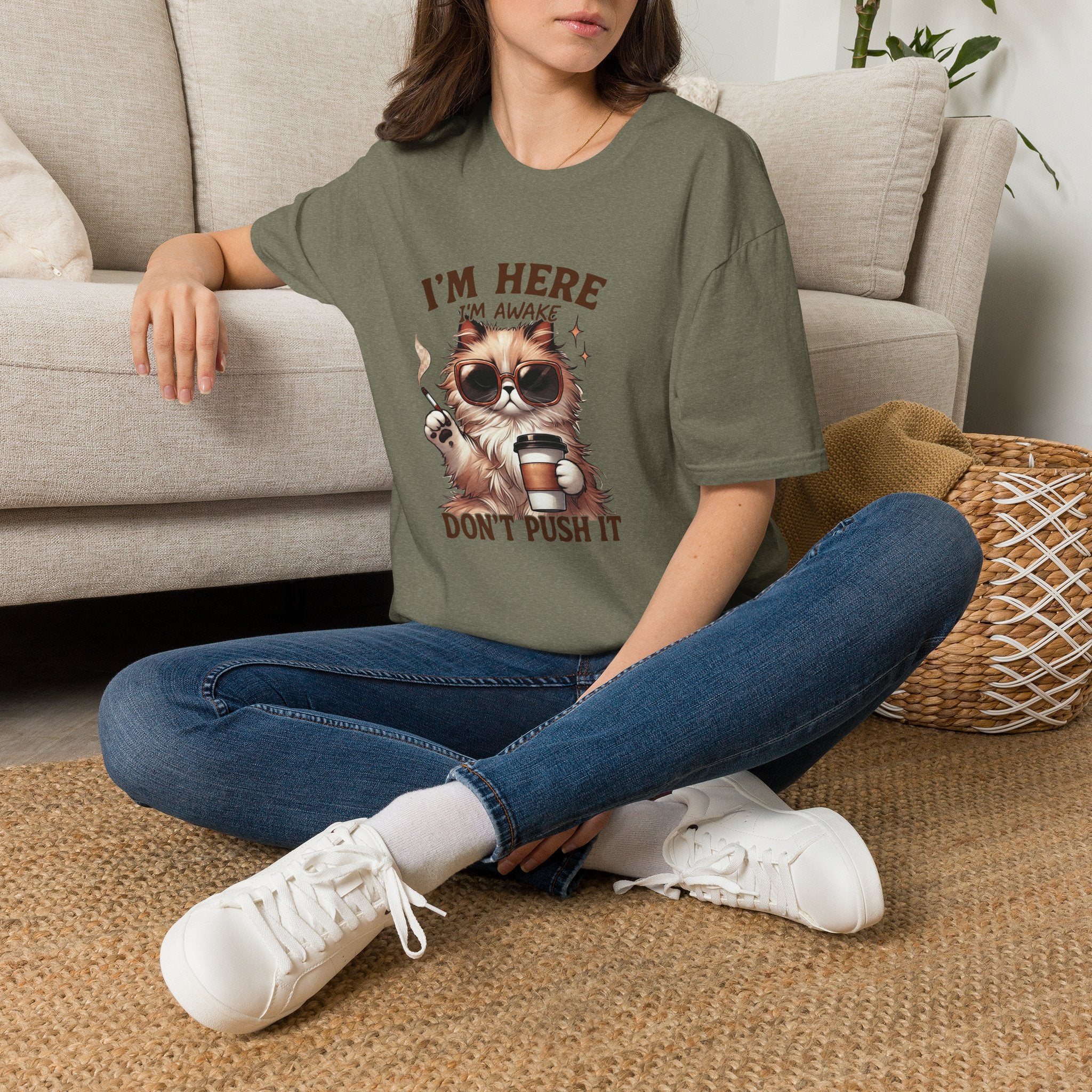 Sunglasses Cat with Coffee I'm Here I'm Awake Don't Push It T-Shirt | Funny Cat Tee