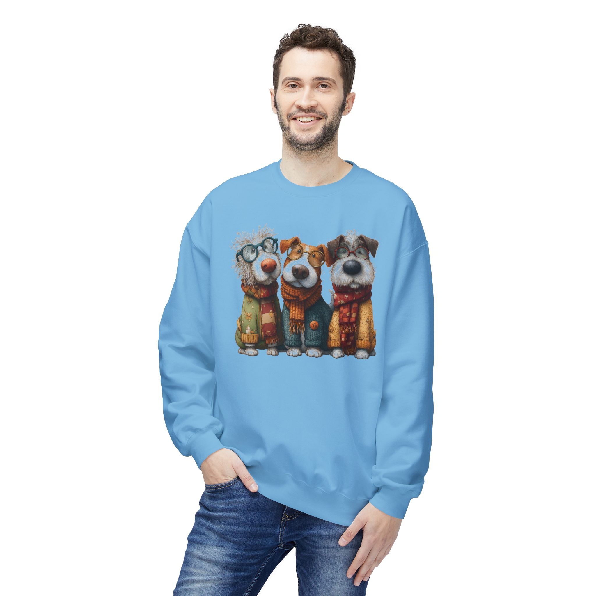 Three Cartoon Dogs in Scarves Sweatshirt | Cute Winter Pup Trio