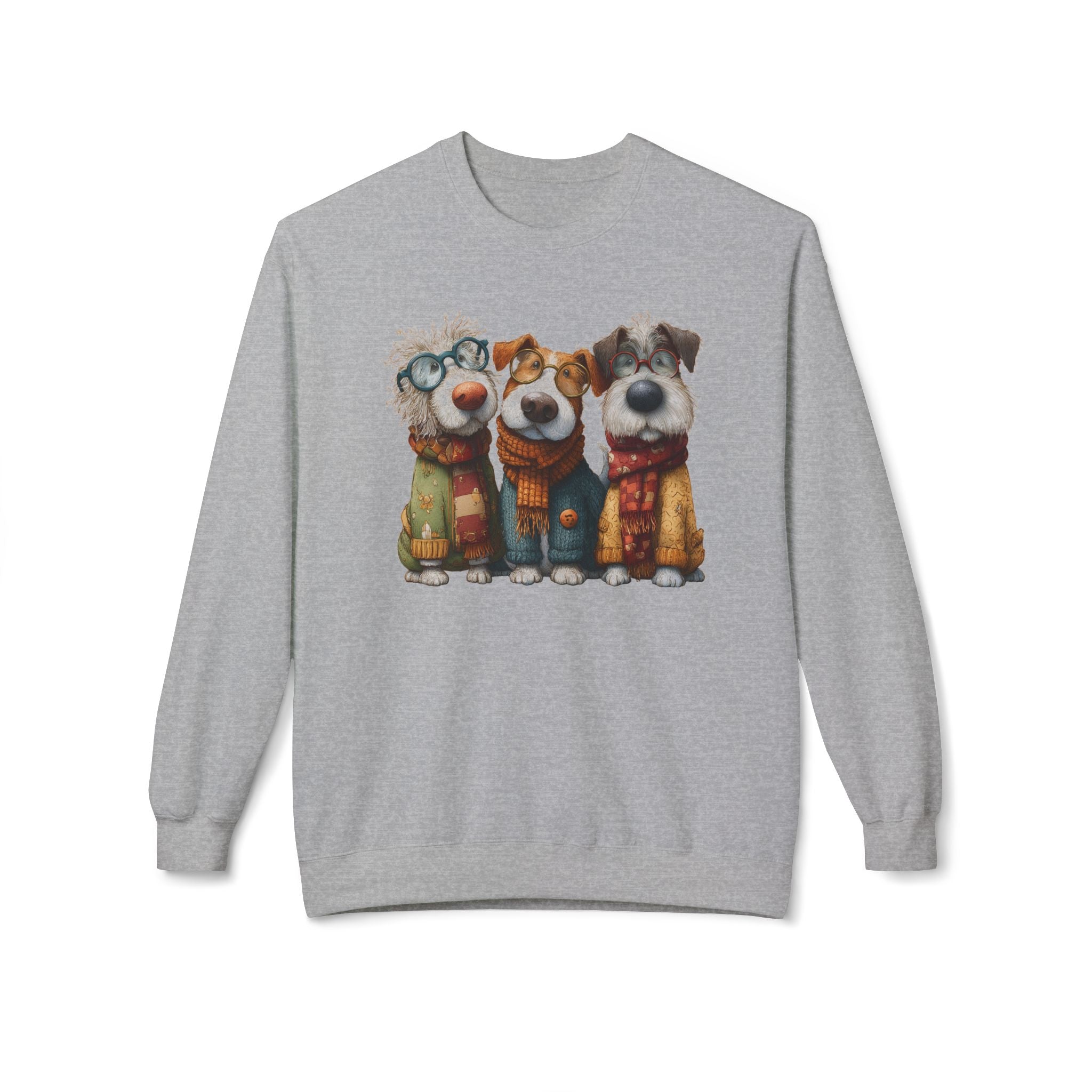 Three Cartoon Dogs in Scarves Sweatshirt | Cute Winter Pup Trio