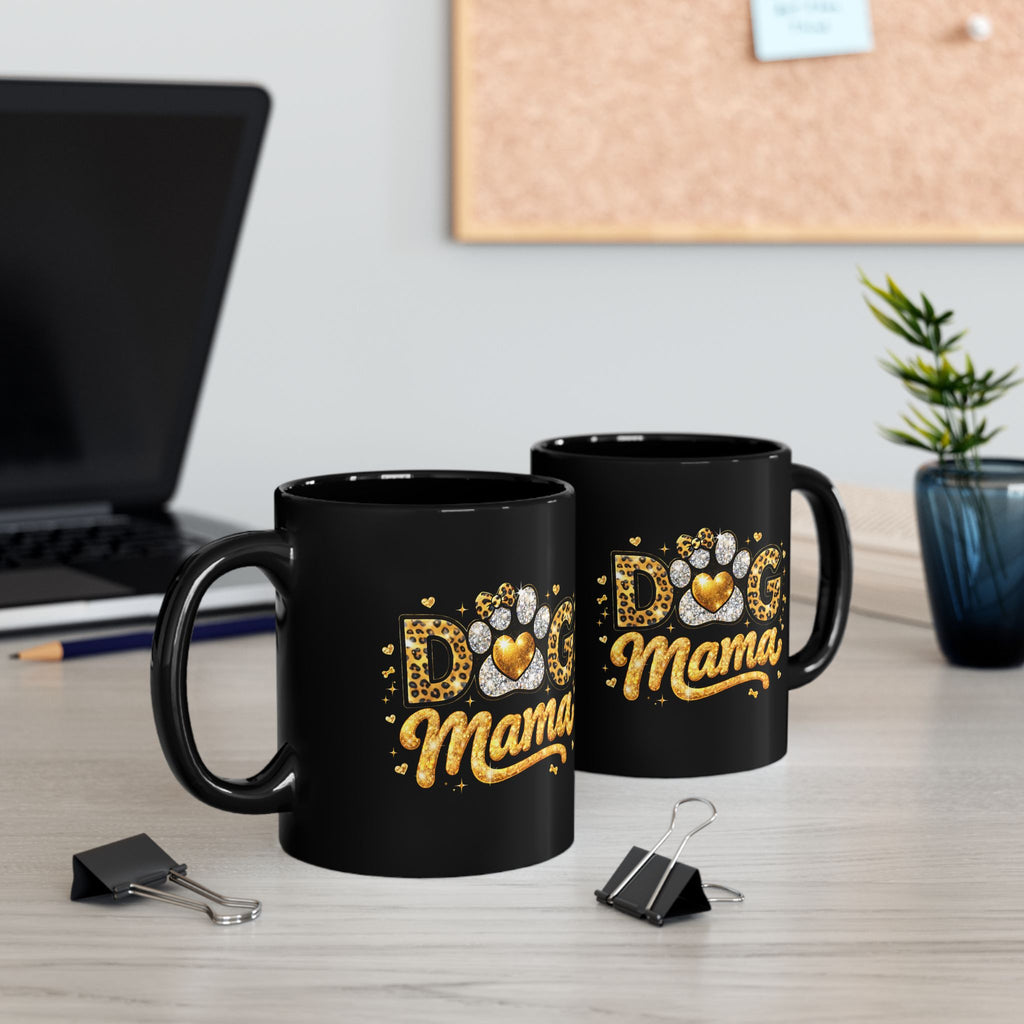 Dog Mama Black Mug | Paw Print Leopard Heart Design