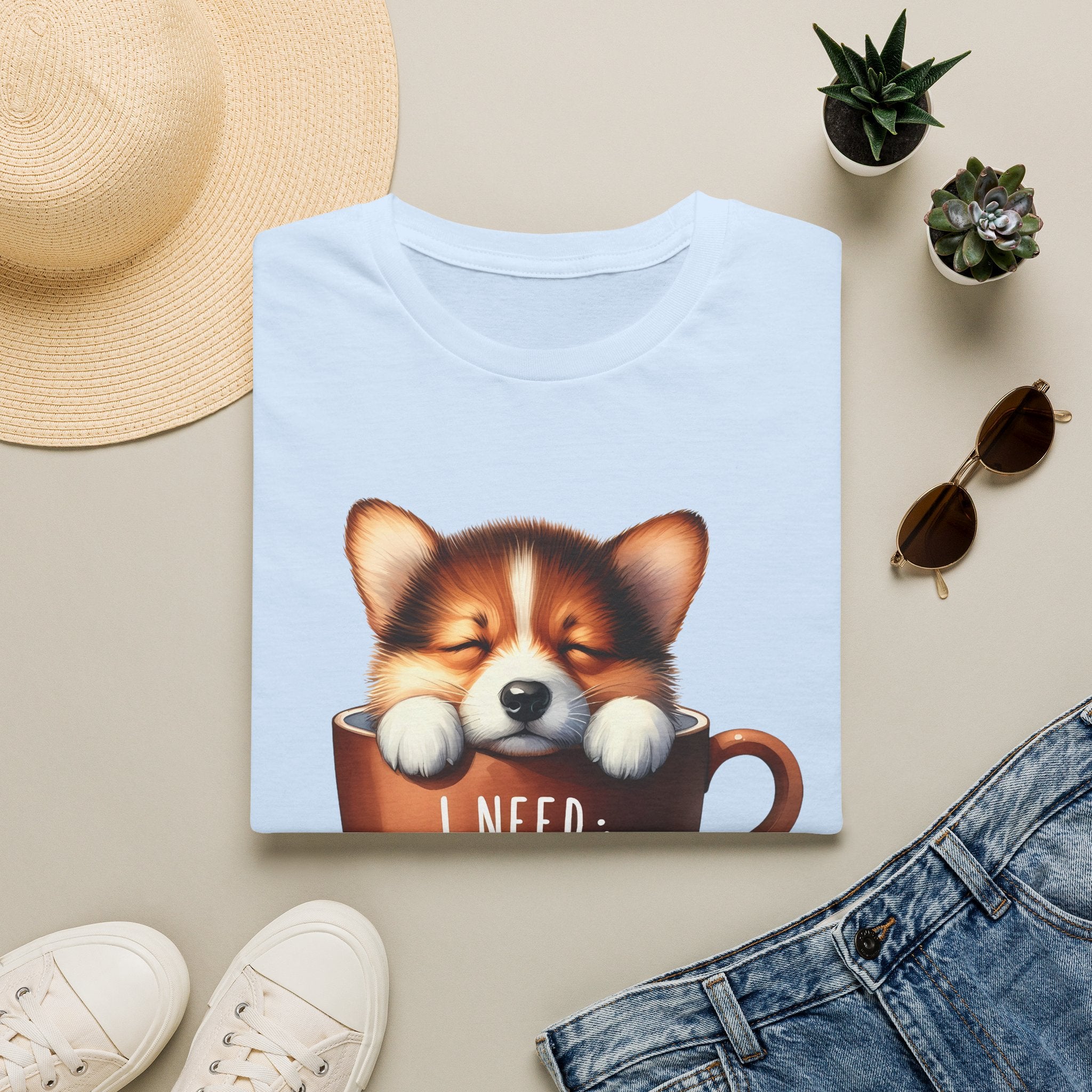 Sleeping Puppy in Coffee Cup T-Shirt | I Need Coffee, Cute Corgi Mug