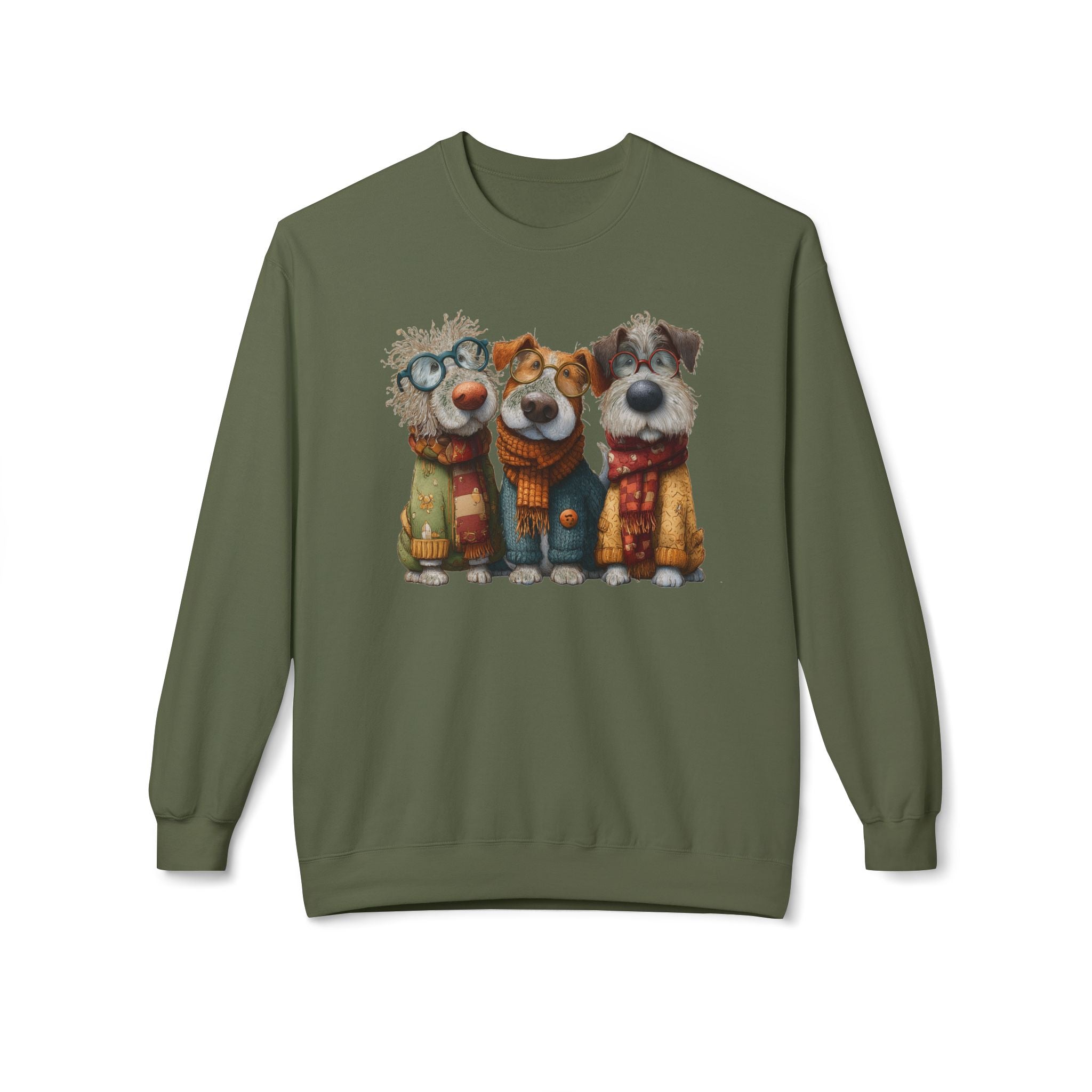 Three Cartoon Dogs in Scarves Sweatshirt | Cute Winter Pup Trio