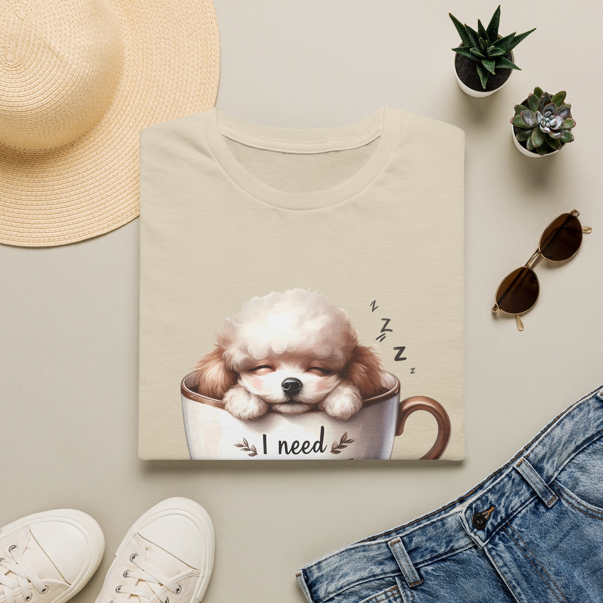Sleeping Puppy in Coffee Cup T-Shirt | I Need Coffee Dog Design