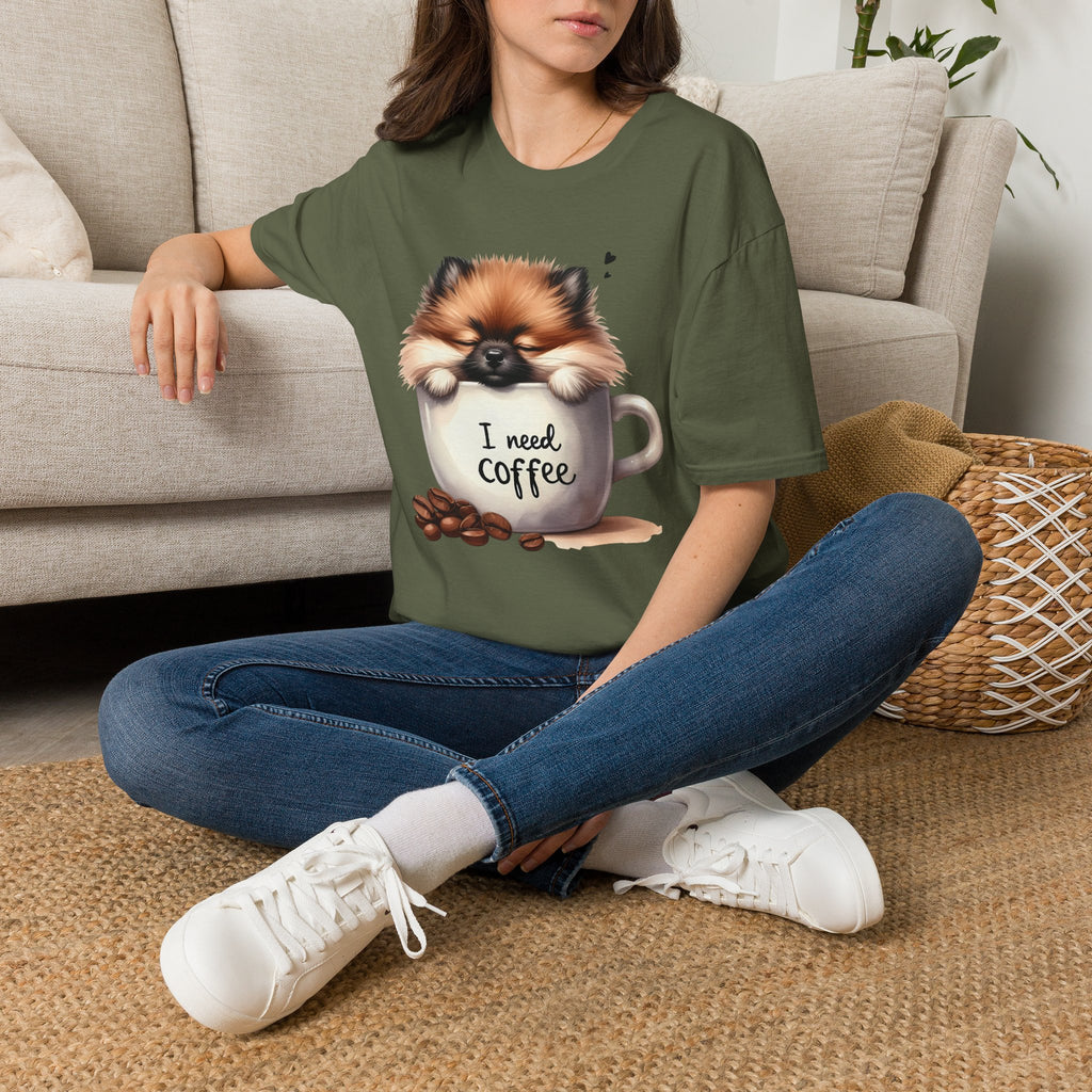 Cute Pomeranian in Coffee Mug T-Shirt | I Need Coffee, Dog Coffee Tee