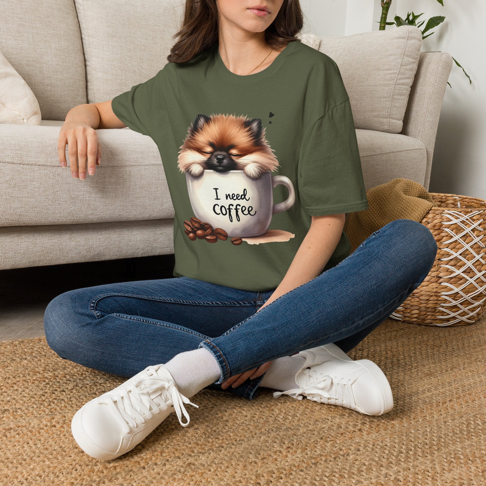 Cute Pomeranian in Coffee Mug T-Shirt | I Need Coffee, Dog Coffee Tee