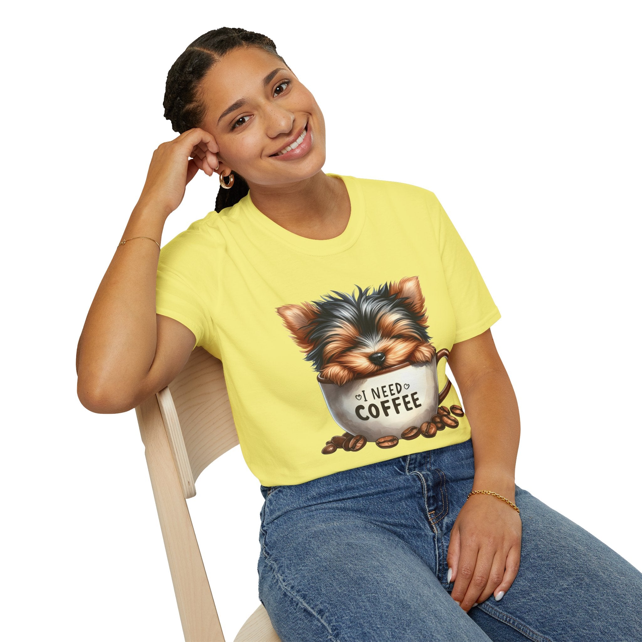Cute Yorkie in Coffee Cup T-Shirt | I Need Coffee Puppy Graphic Tee