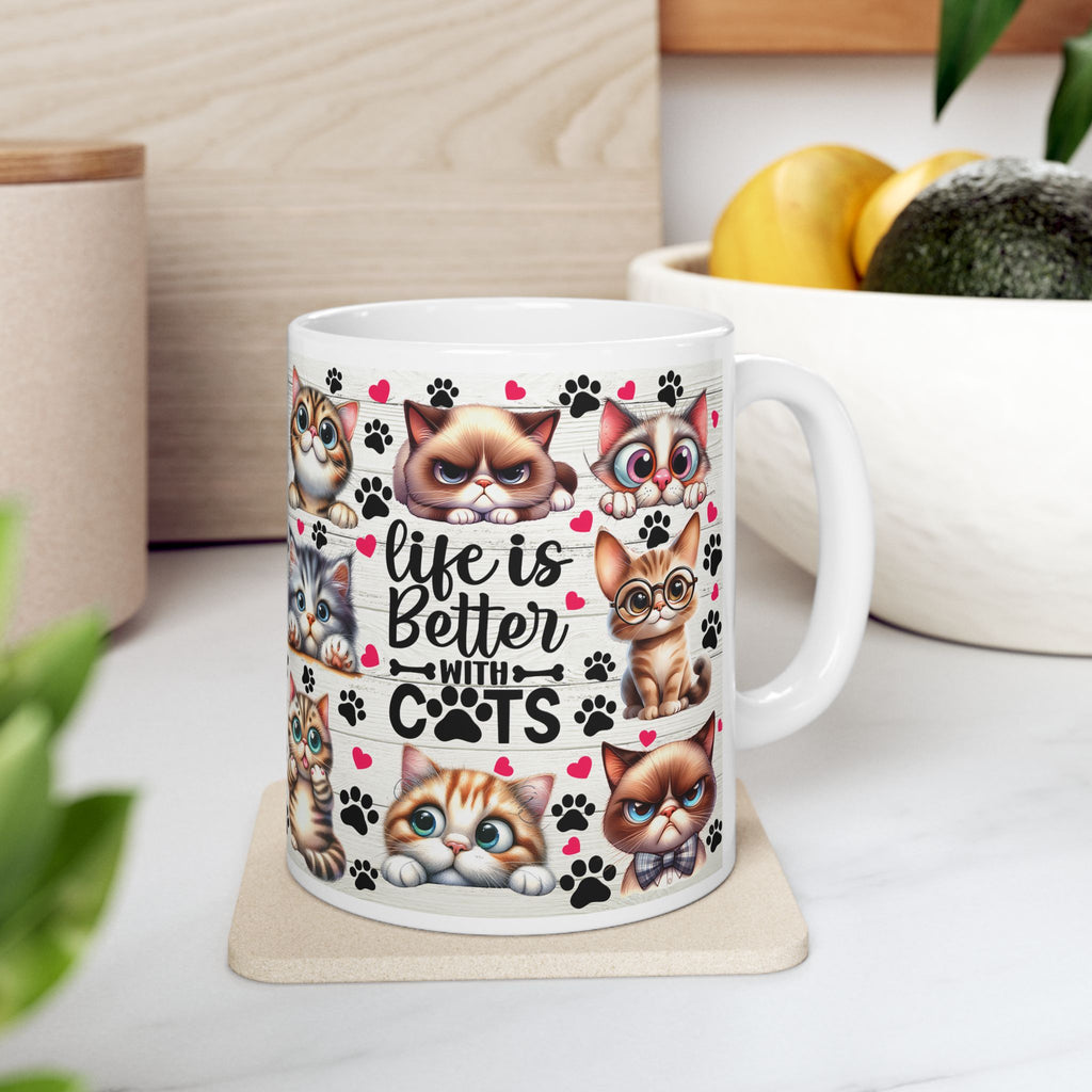 Cute Cartoon Cats Mug | Cute Cat Faces, Paw Prints Pattern Ceramic Mug