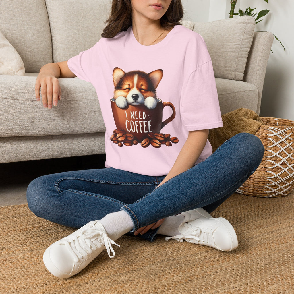 Sleeping Puppy in Coffee Cup T-Shirt | I Need Coffee, Cute Corgi Mug