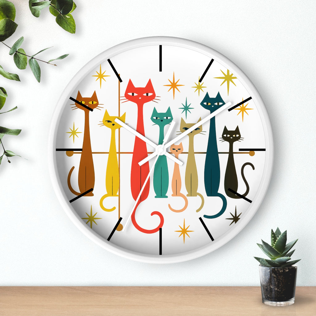 Retro Mid Century Modern Cats Wall Clock | Atomic Starburst Cat Design