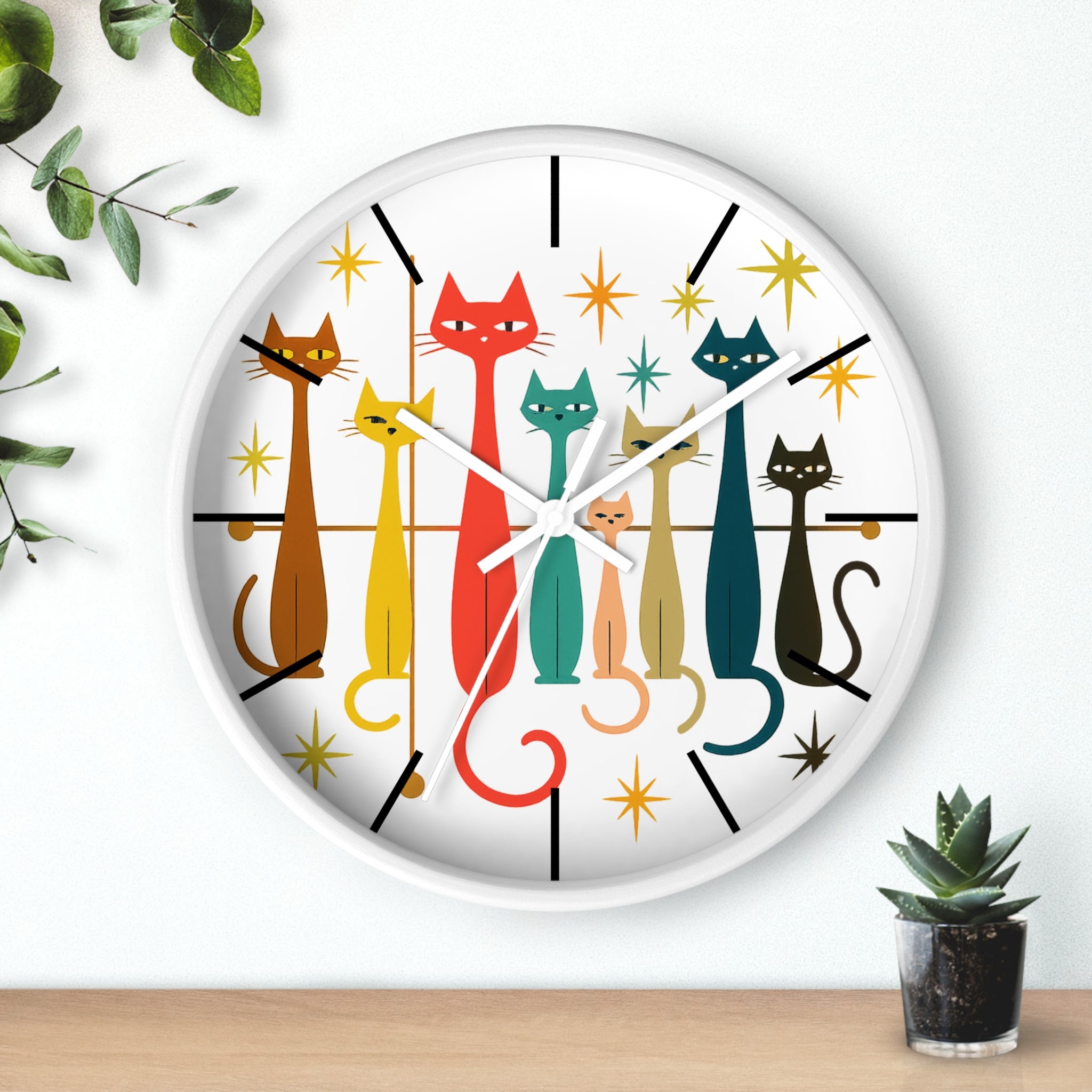 Retro Mid Century Modern Cats Wall Clock | Atomic Starburst Cat Design