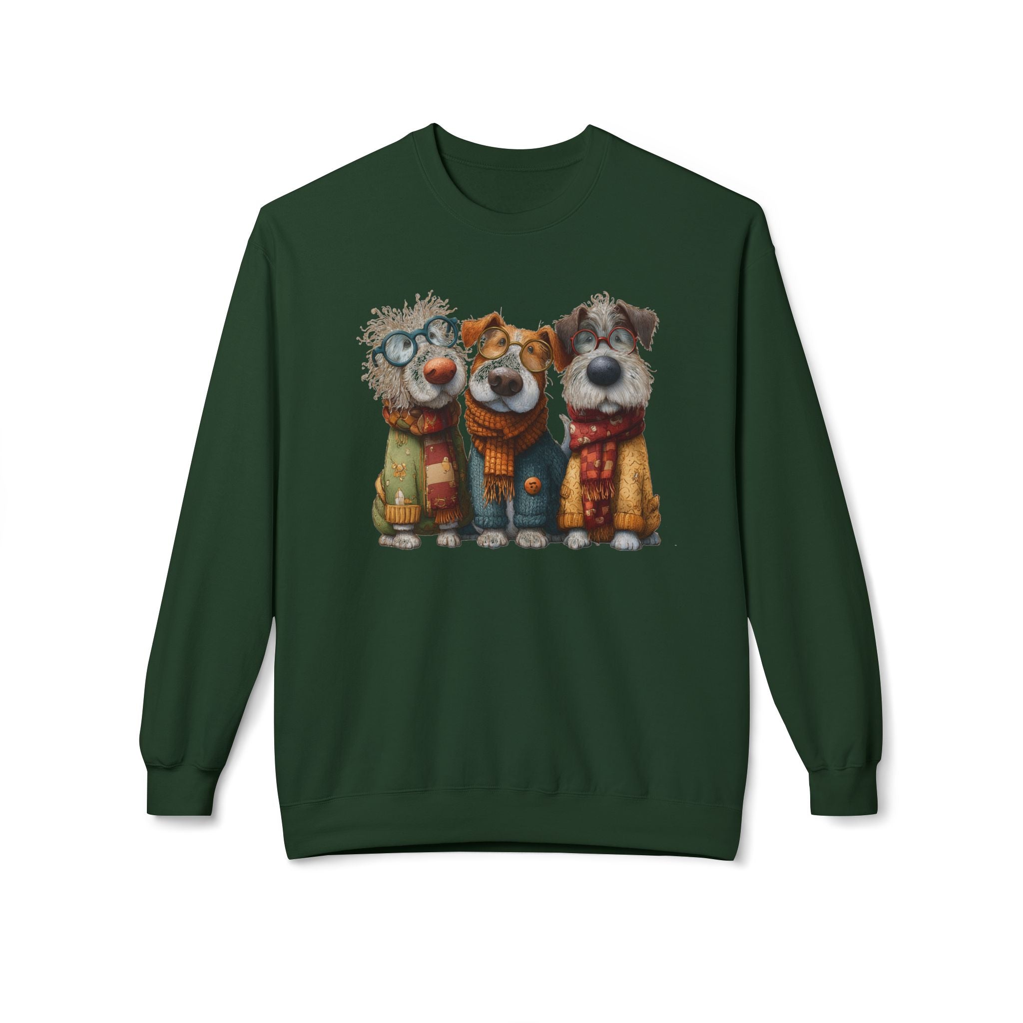 Three Cartoon Dogs in Scarves Sweatshirt | Cute Winter Pup Trio