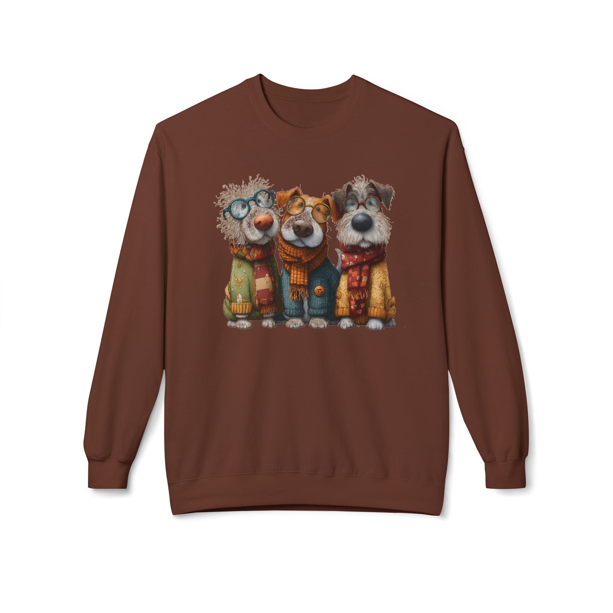 Three Cartoon Dogs in Scarves Sweatshirt | Cute Winter Pup Trio