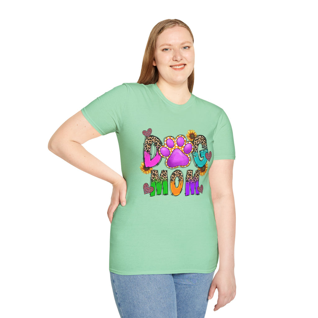 Dog Mom colorful paw print design T-Shirt | leopard hearts sunflower accents