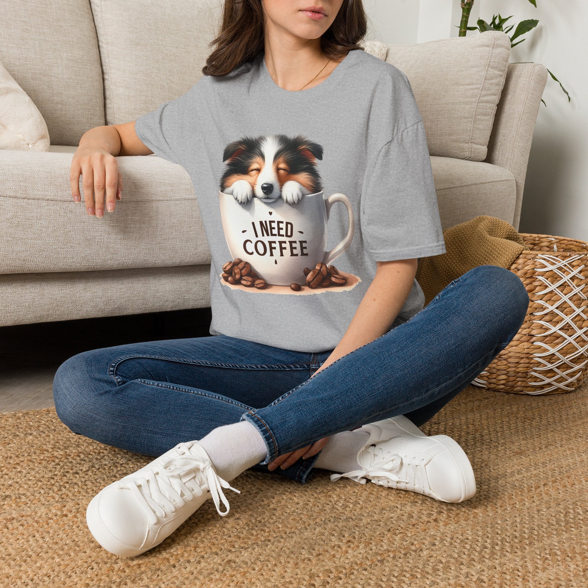 I Need Coffee Dog T-Shirt | Coffee Cup, Shetland Sheepdog Illustration