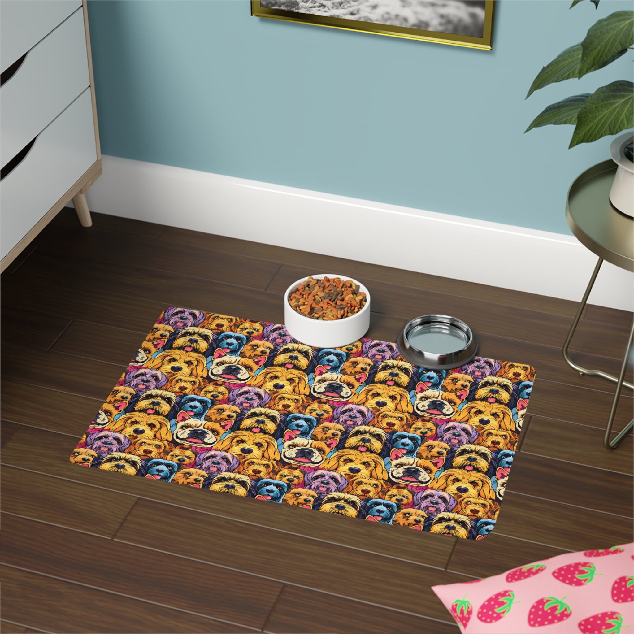 Colorful Dog Faces Pet Food Mat | Non-Slip 12x18 Feeding Placemat
